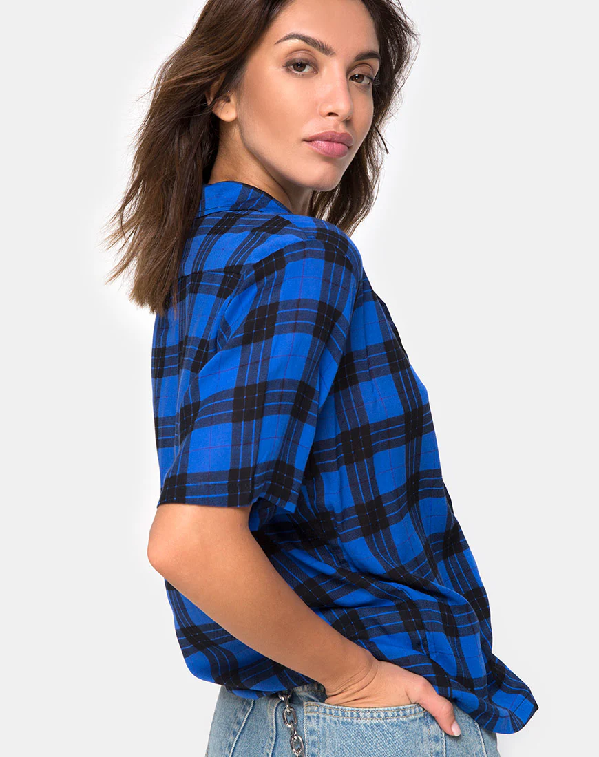Hawaiian Oversized Shirt in Tartan Blue - Awmao