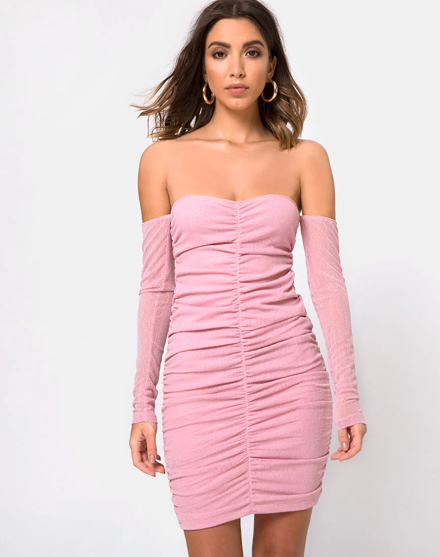 Azalea Off The Shoulder Dress in Sheer Knit Blush - Awmao