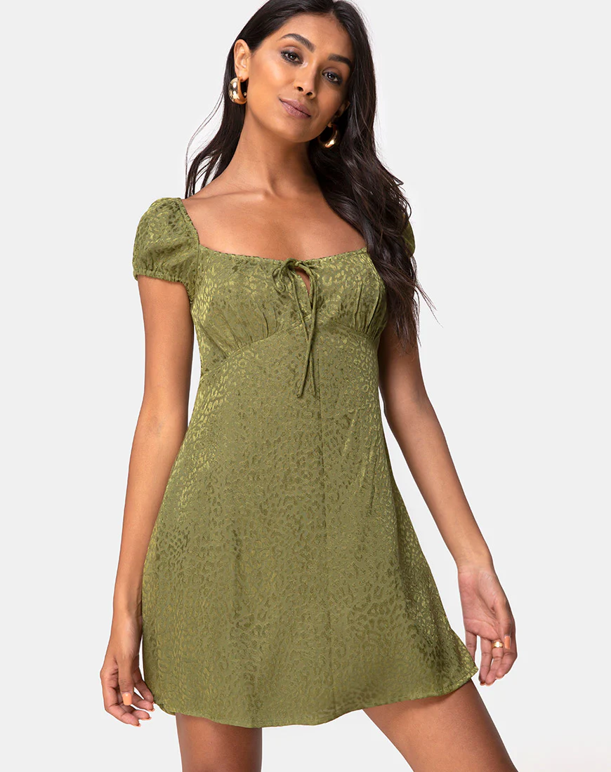 Gaval Mini Dress in Satin Cheetah Khaki - Awmao