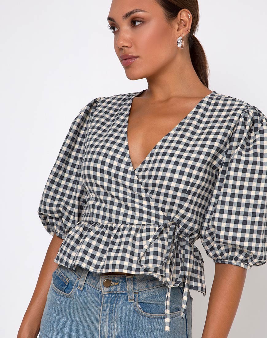 Amiya Top in Gingham Cream - Awmao