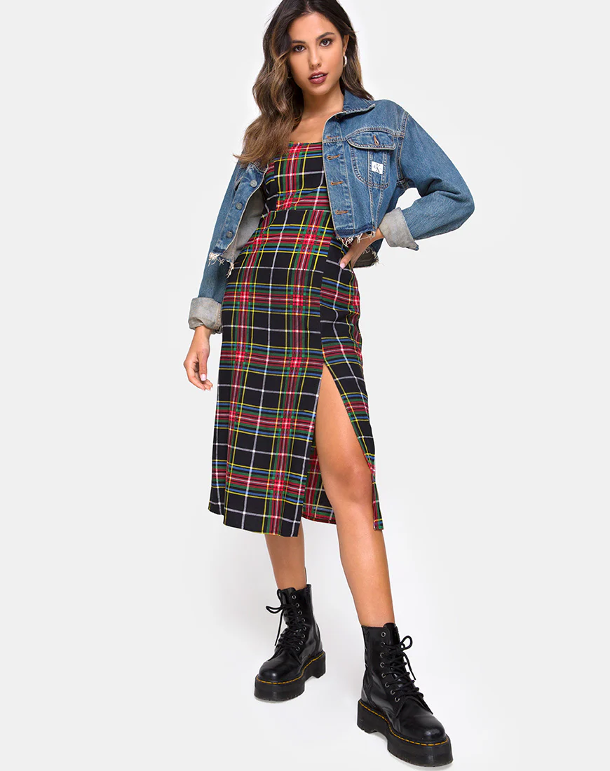Kaoya Dress in Plaid Red Green Yellow Black - Awmao