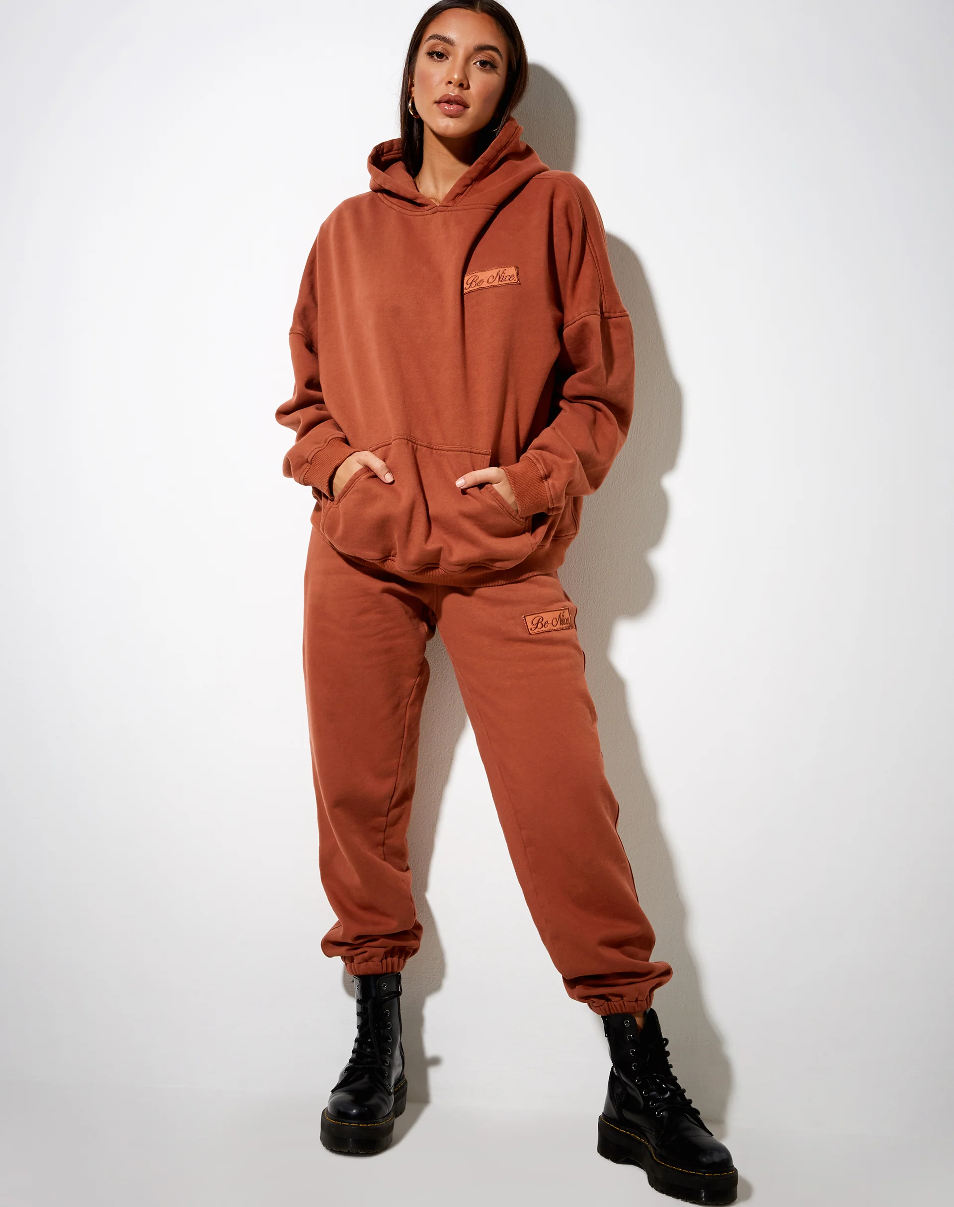 Oversize Hoodie in Burnt Brick 'Be Nice' Label Embro - Awmao
