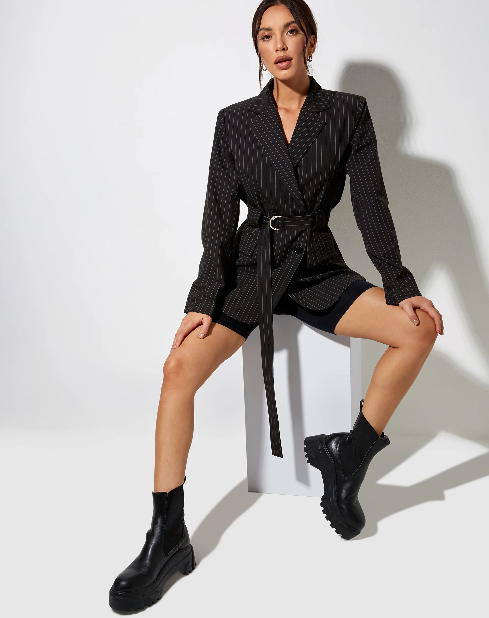 Belted Blazer in Pinstripe Black - Awmao