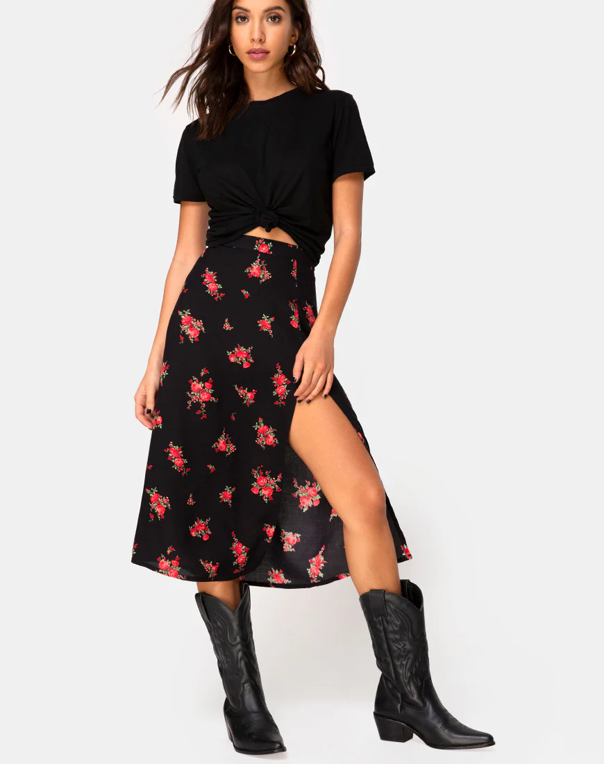 Saika Midi Skirt in Soi Rose Black and Red - Awmao