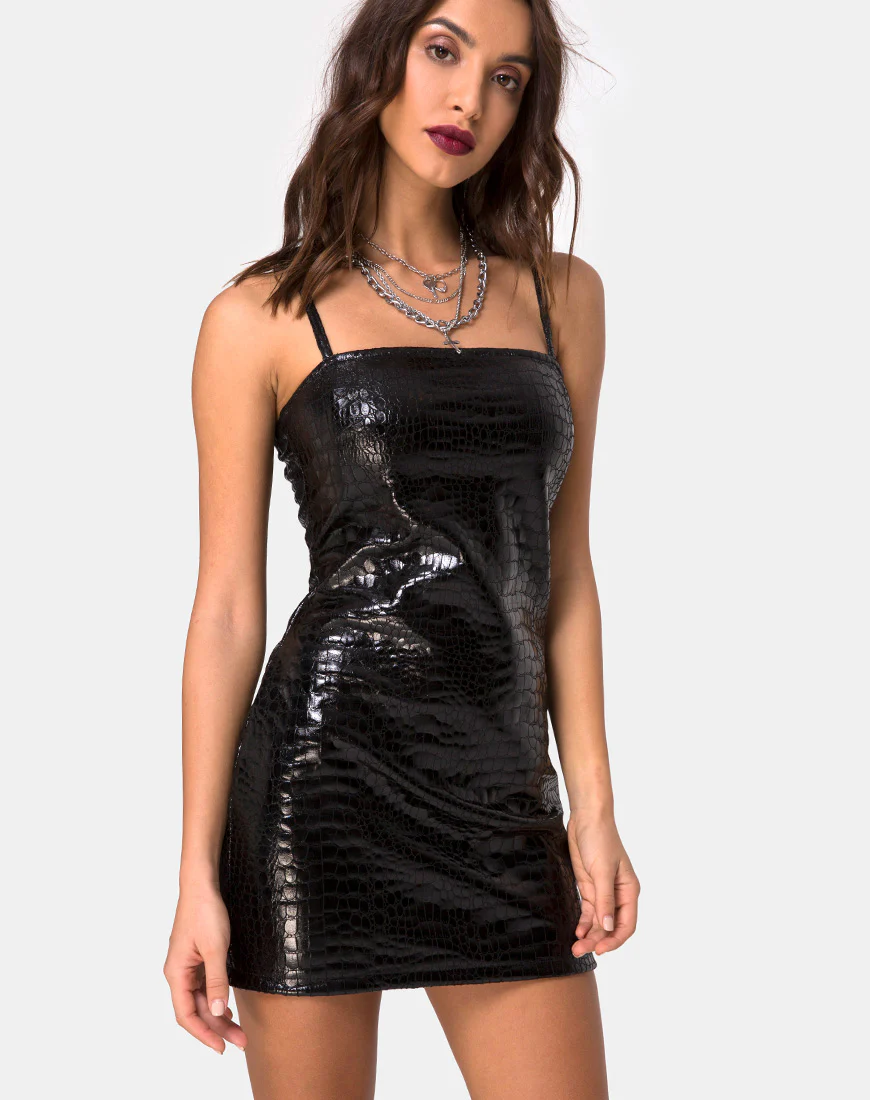 Burmay Dress in PU Croco Black - Awmao