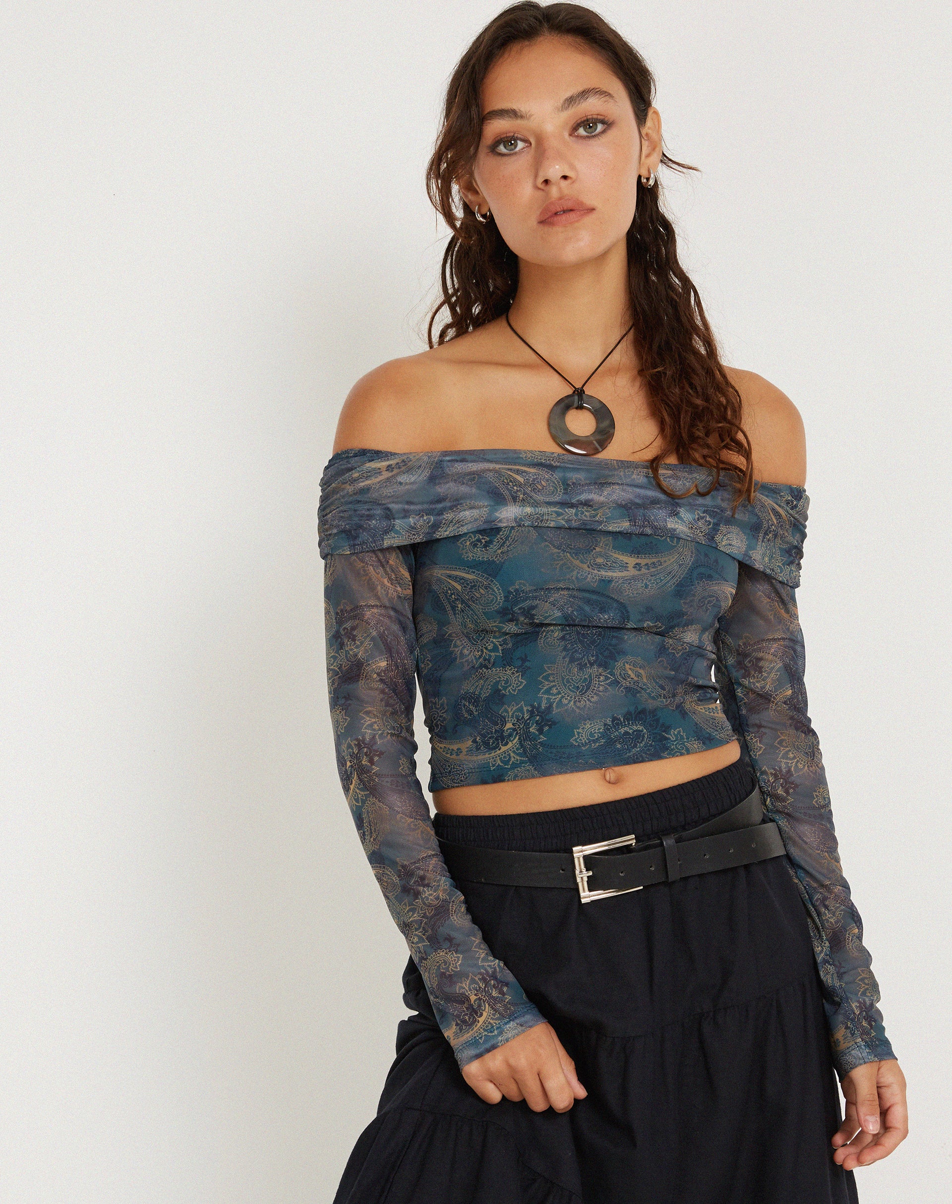 Nagini Long Sleeve Bardot Top in Tonal Blue Paisley - Awmao