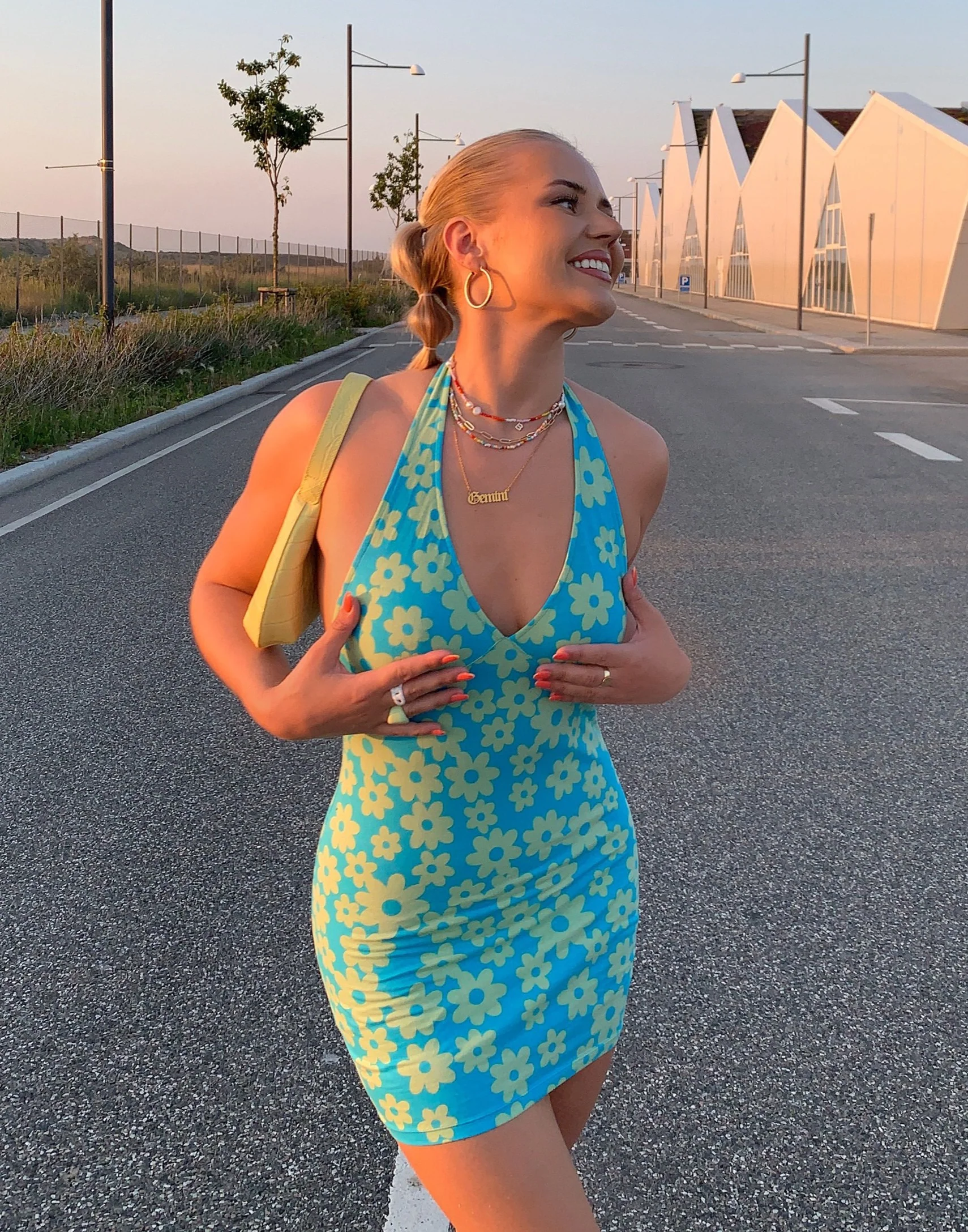 Yvette Mini Dress in Retro Daisy Blue - Awmao