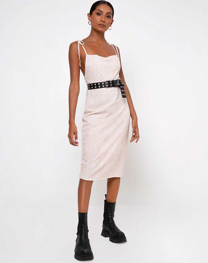 Paloma Midi Dress in Flock Ditsy Leopard Taupe - Awmao