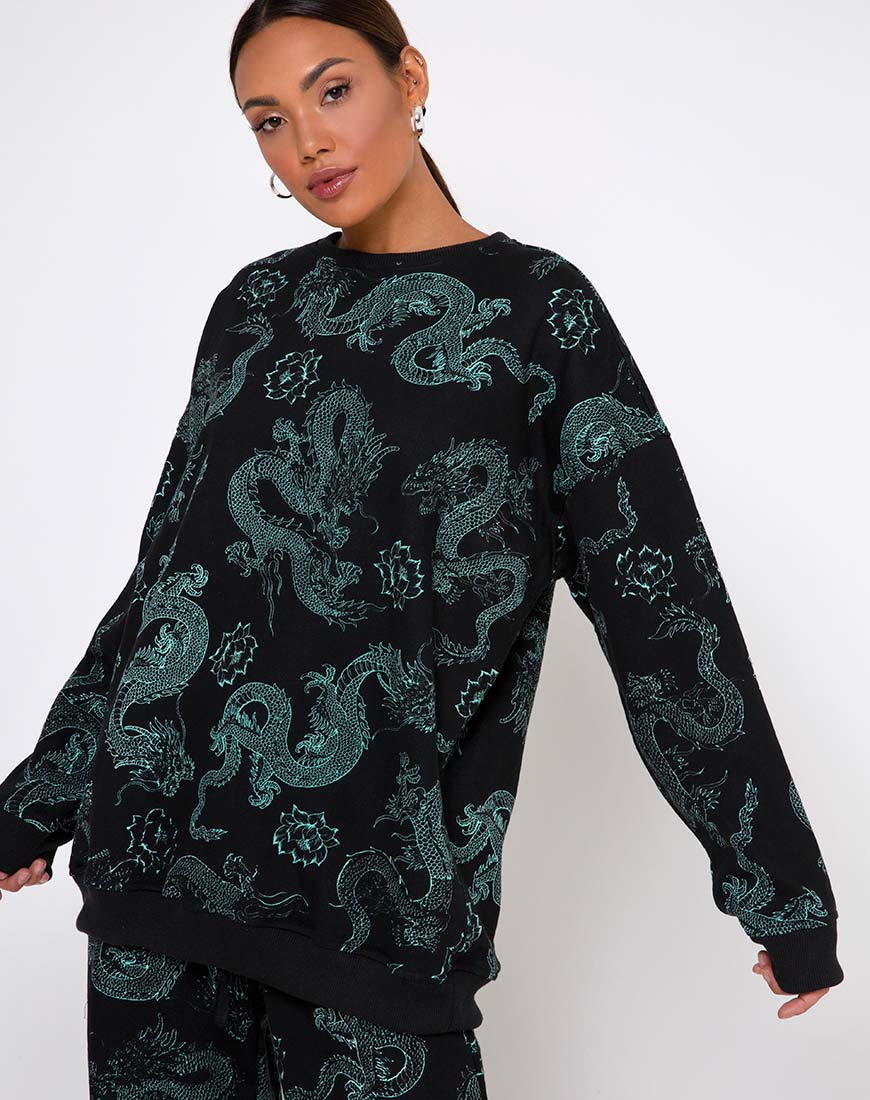 Glo Sweatshirt in Dragon Flower Black and Mint - Awmao