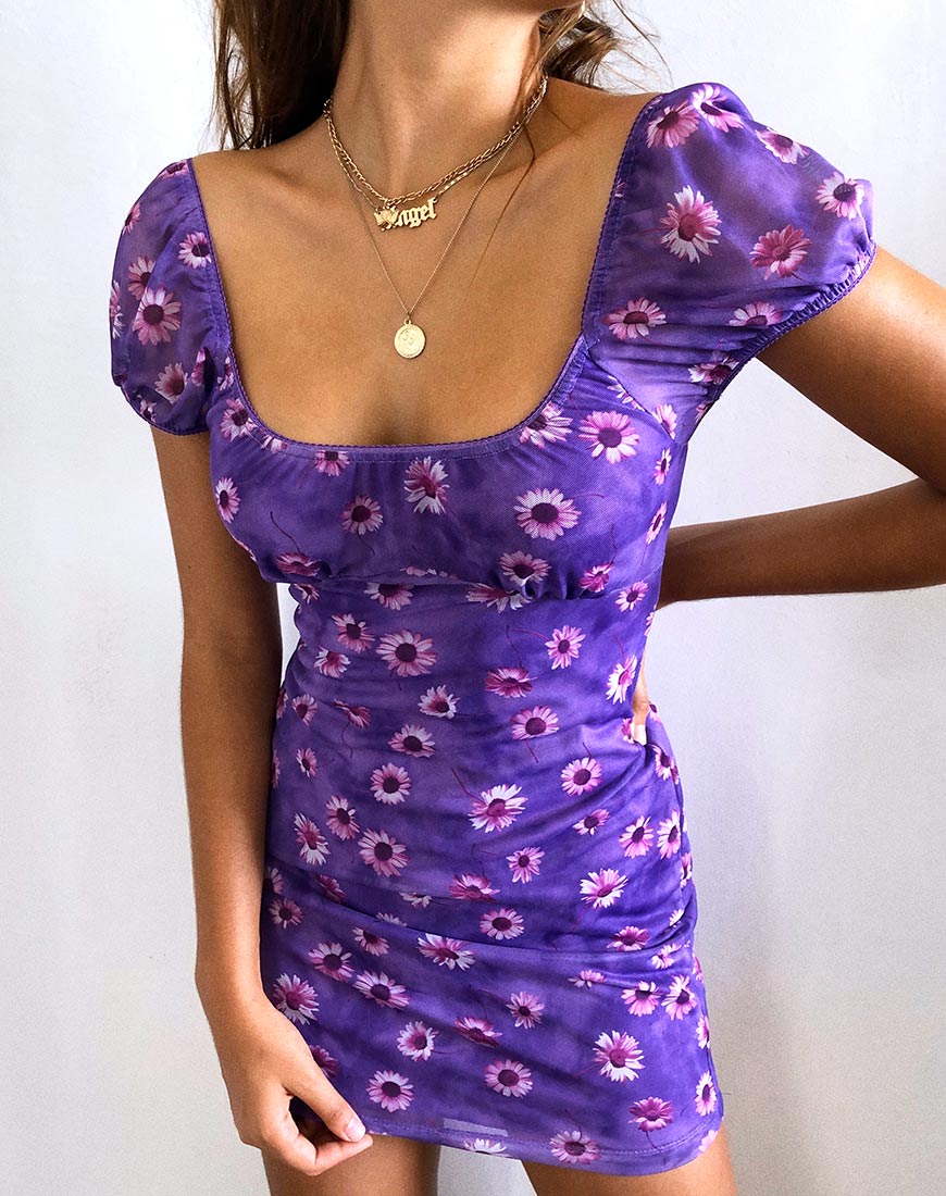 Galot Mini Dress in Daisy Daze Purple - Awmao