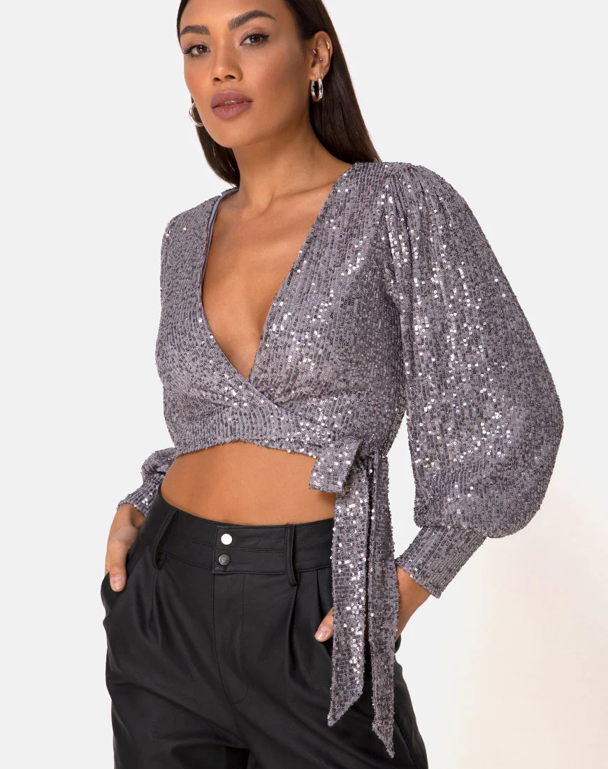 Erina Longsleeve Top in Drape Net Silver - Awmao