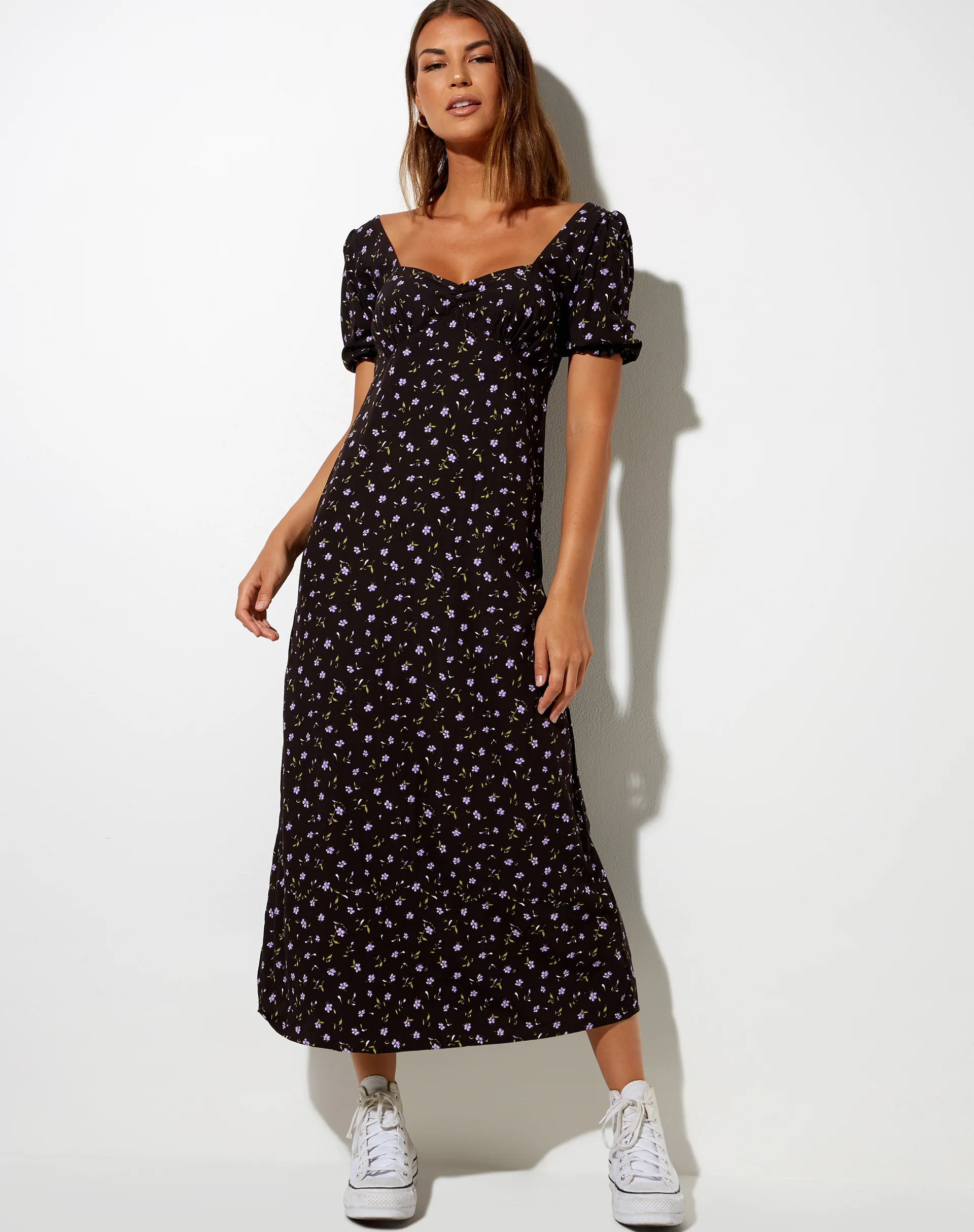 Fernanda Midi Dress in Pretty Petal Coffee and Purple - Awmao
