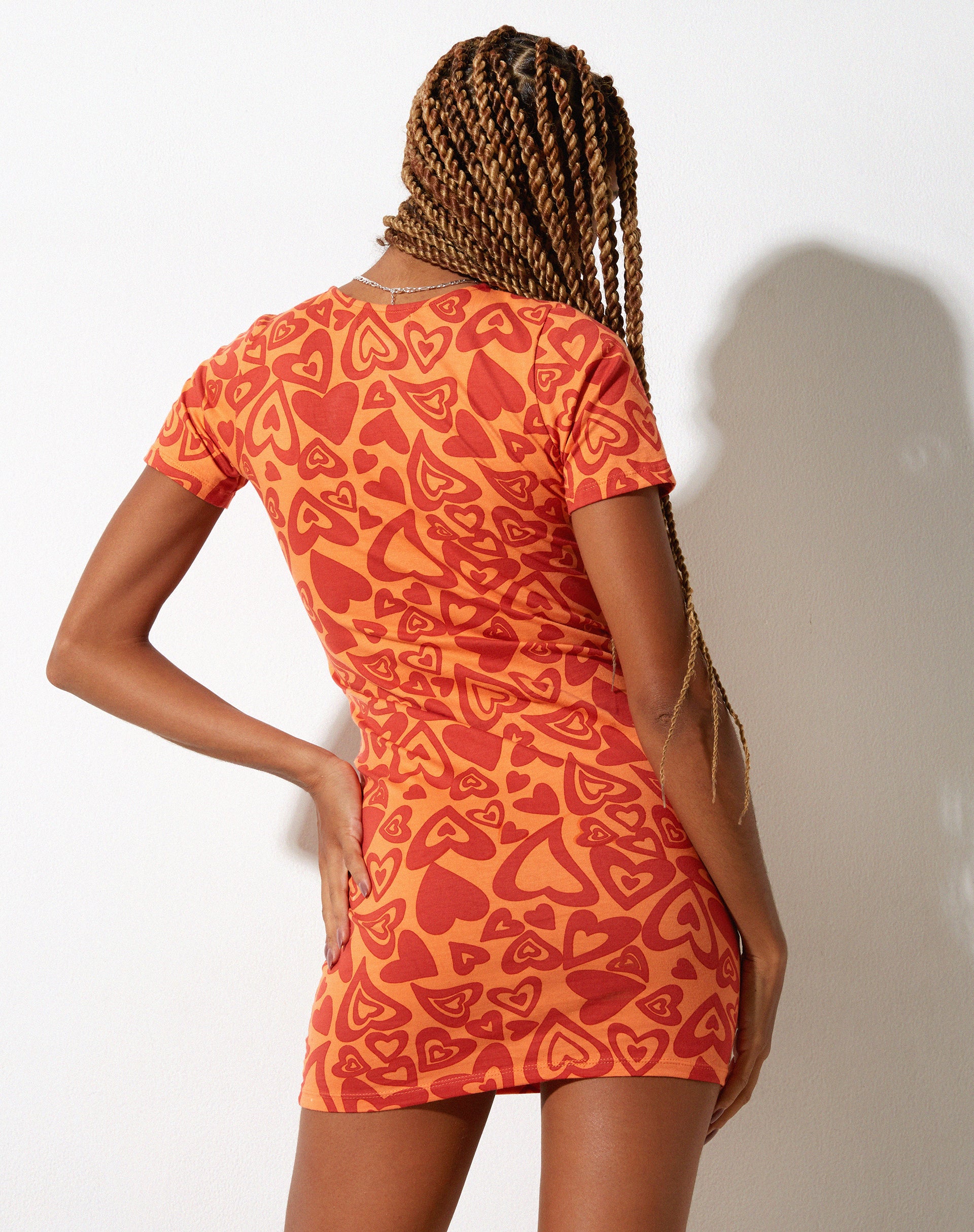 Gelis Short Sleeve Mini Dress in Retro Heart Orange - Awmao