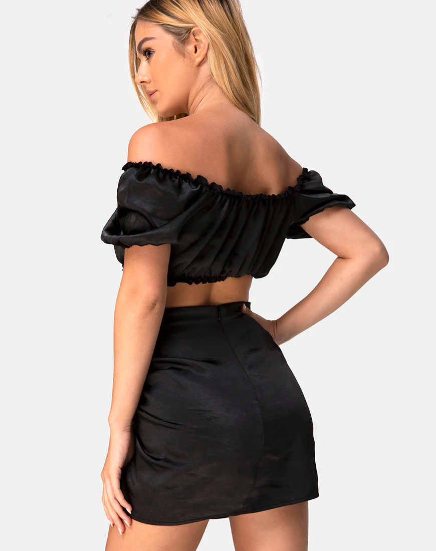 Shoti Mini Skirt in Satin Black - Awmao