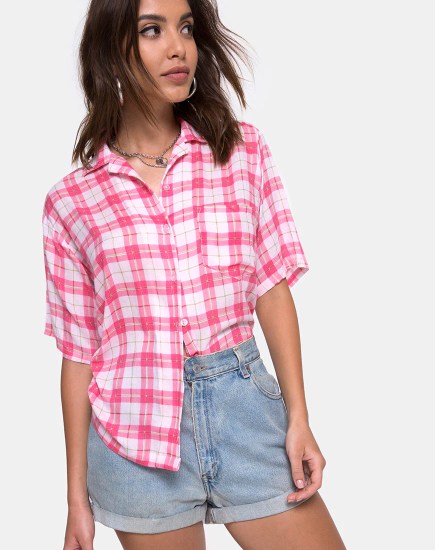 Hawaiian Shirt in Picnic Check Pink - Awmao