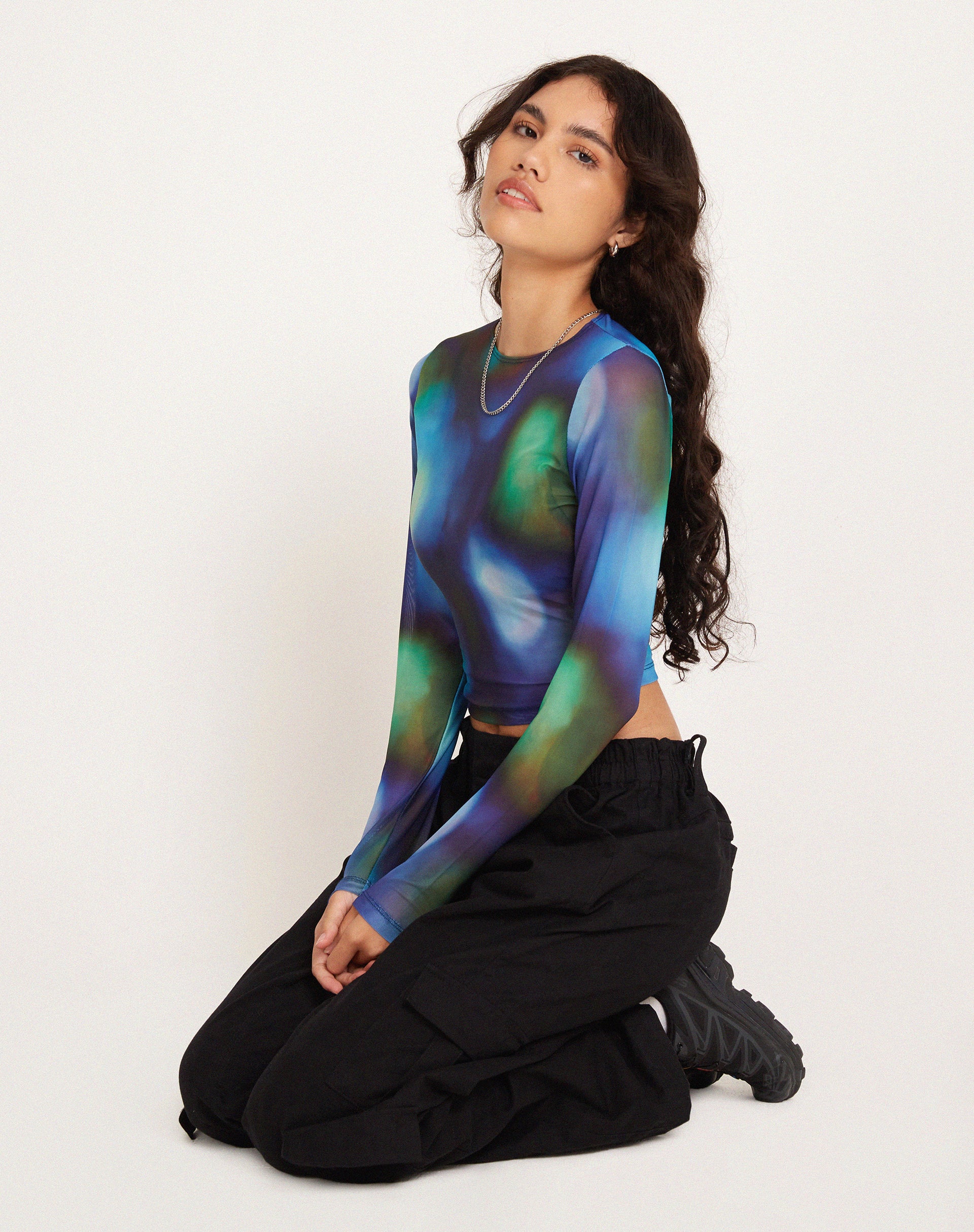 Narita Long Sleeve Crop Top in Mesh Blur Orbs - Awmao