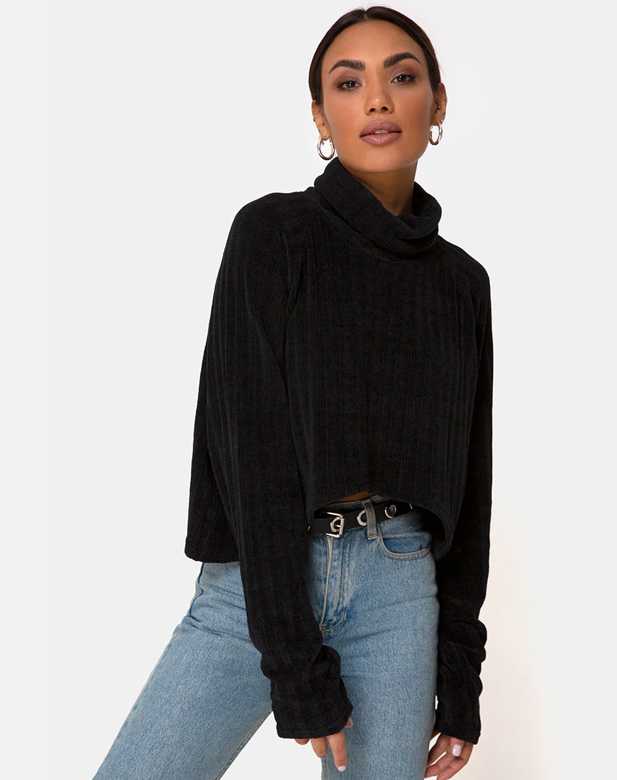 Evie Cropped Sweatshirt in Chenille Black - Awmao