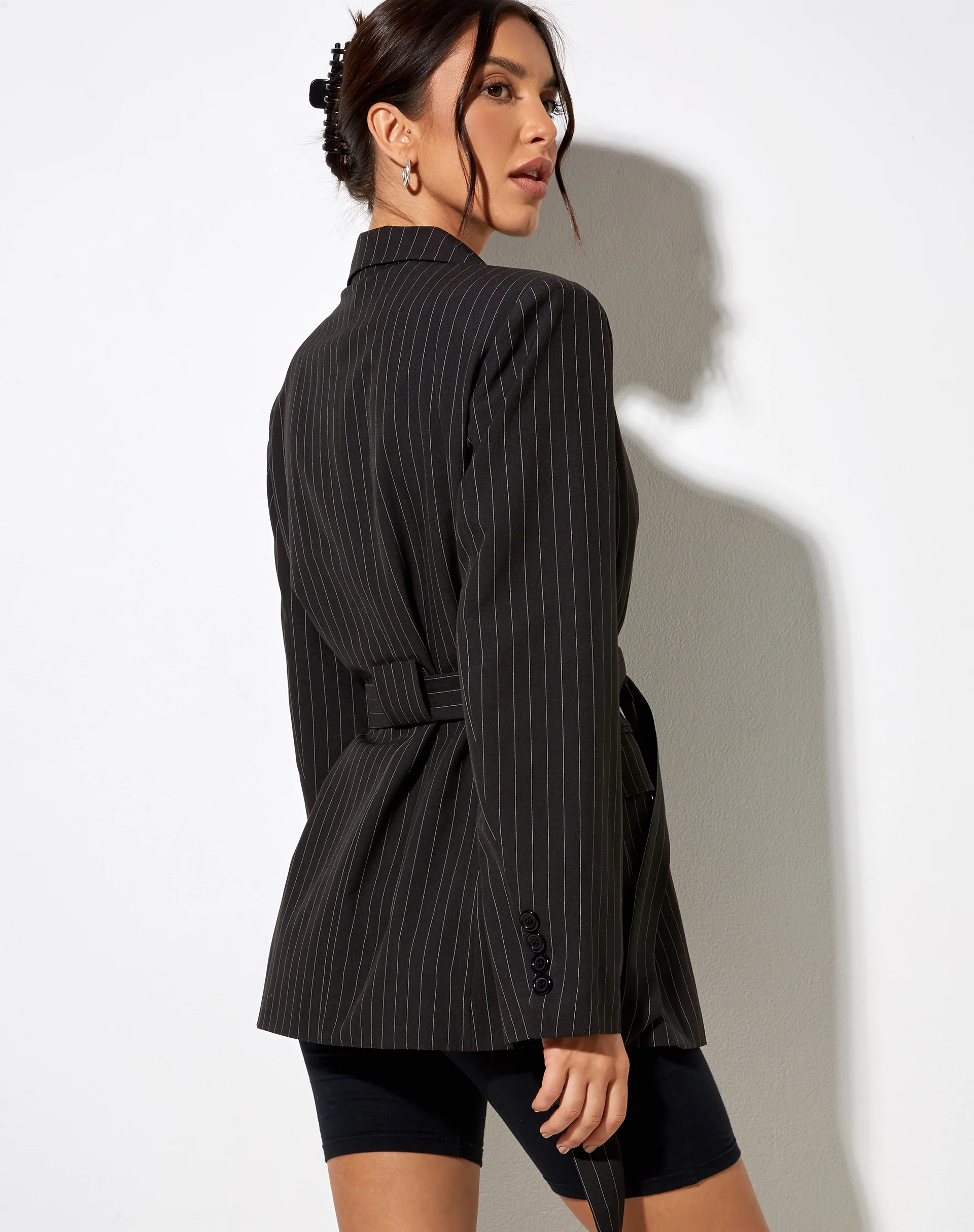 Belted Blazer in Pinstripe Black - Awmao