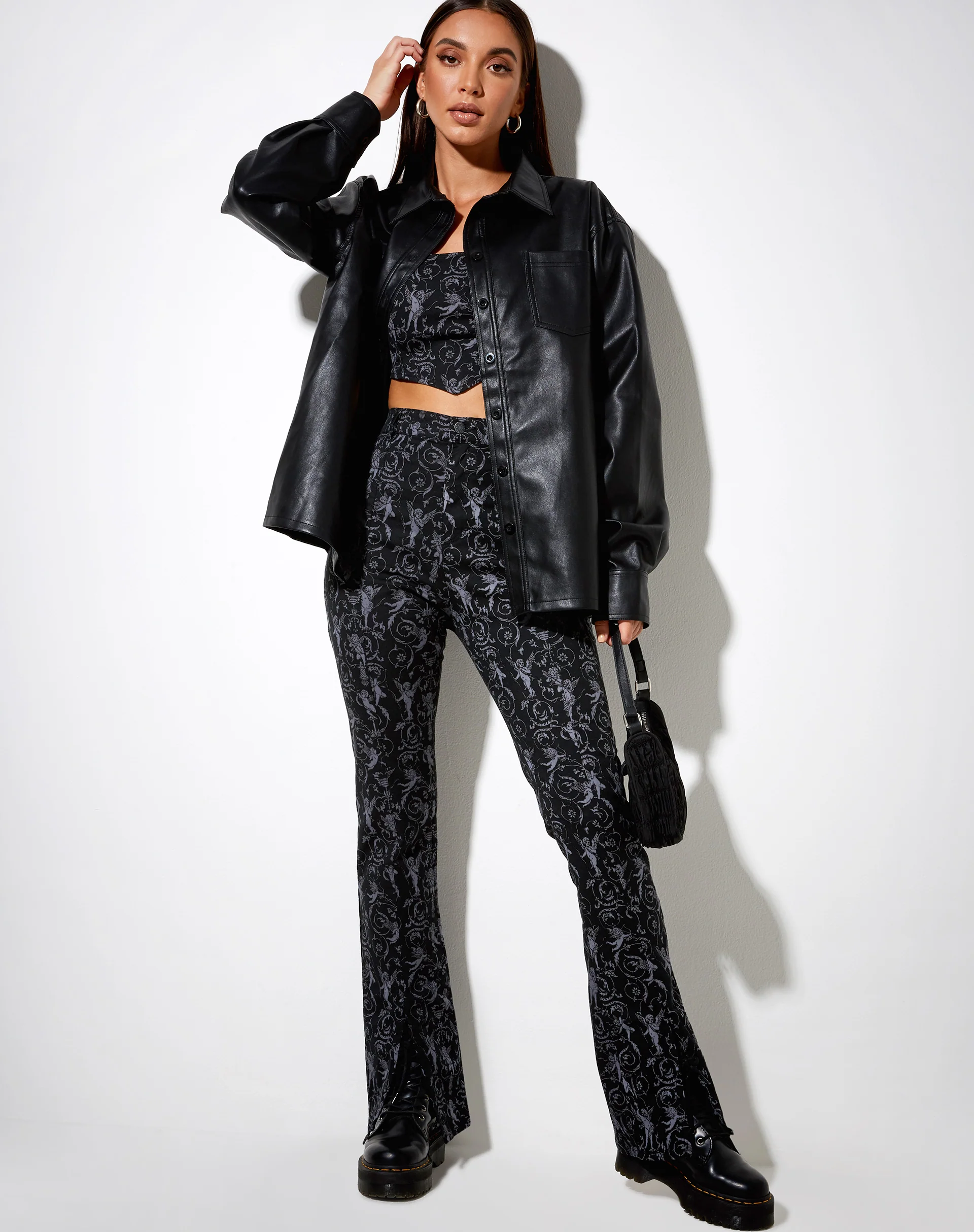 Zabby Flare Trouser in Baroque Cherub Black and Grey - Awmao