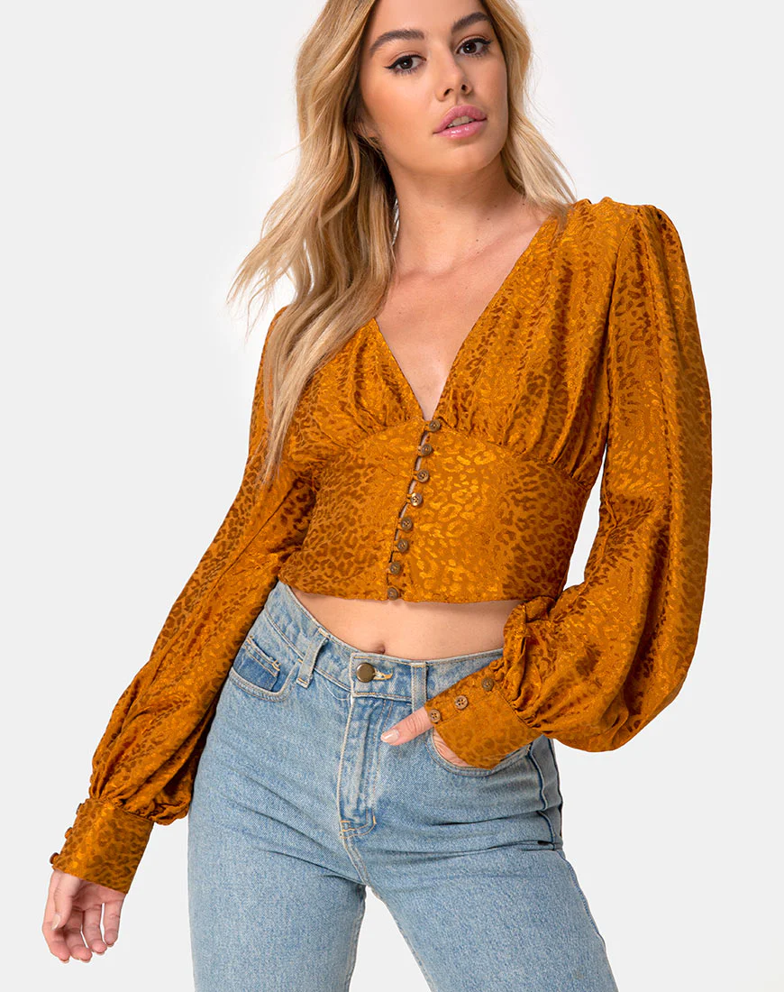 Bina Crop Top in Satin Cheetah Gold - Awmao