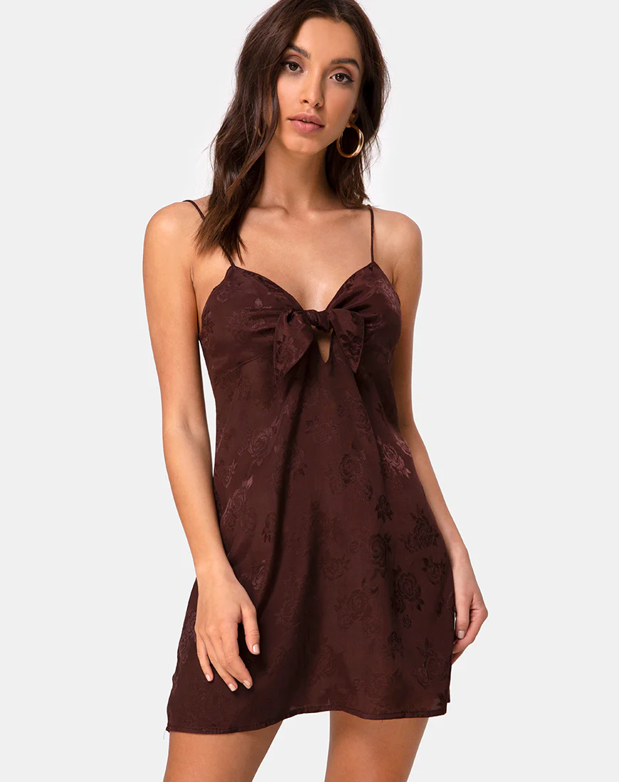 Ronina Mini Dress in Satin Rose Cocoa - Awmao