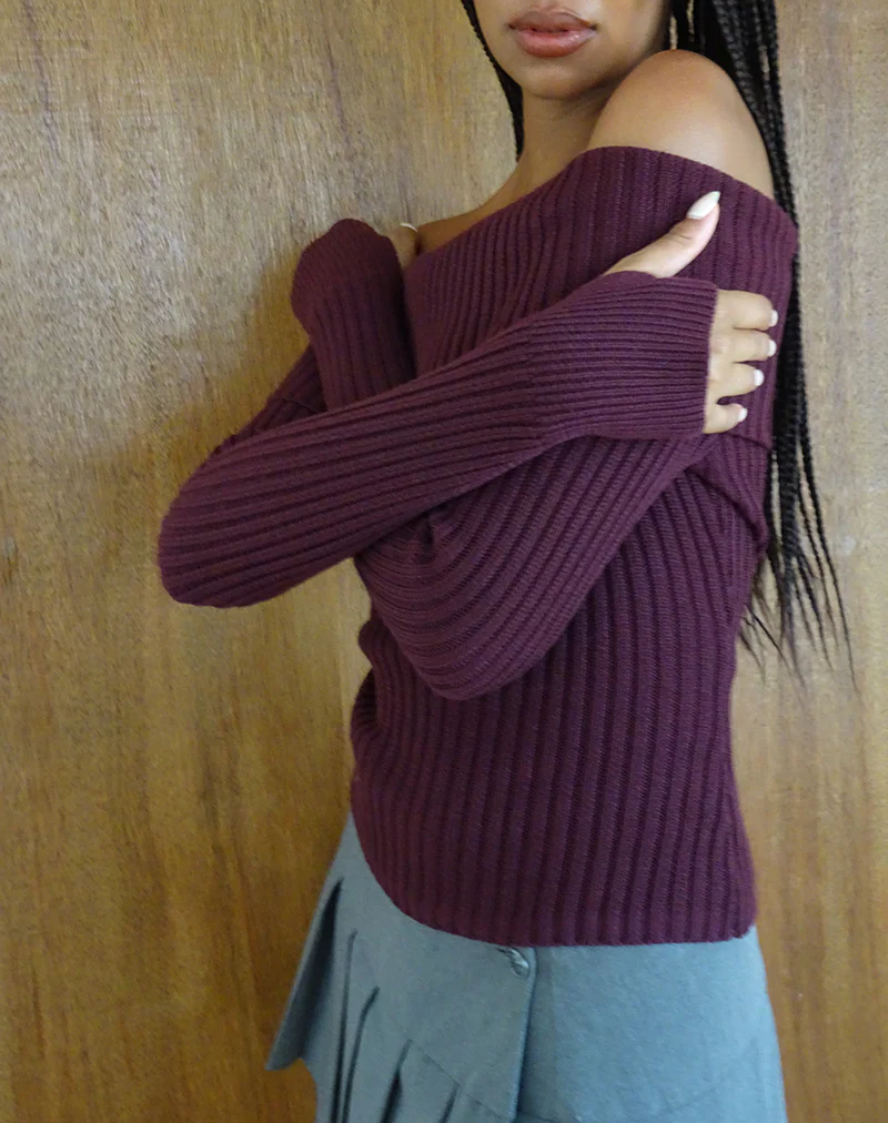 Circe Knitted Bardot Jumper in Burgundy - Awmao