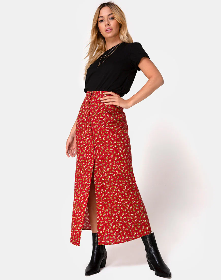 Rima Skirt in Falling For You Floral Red - Awmao