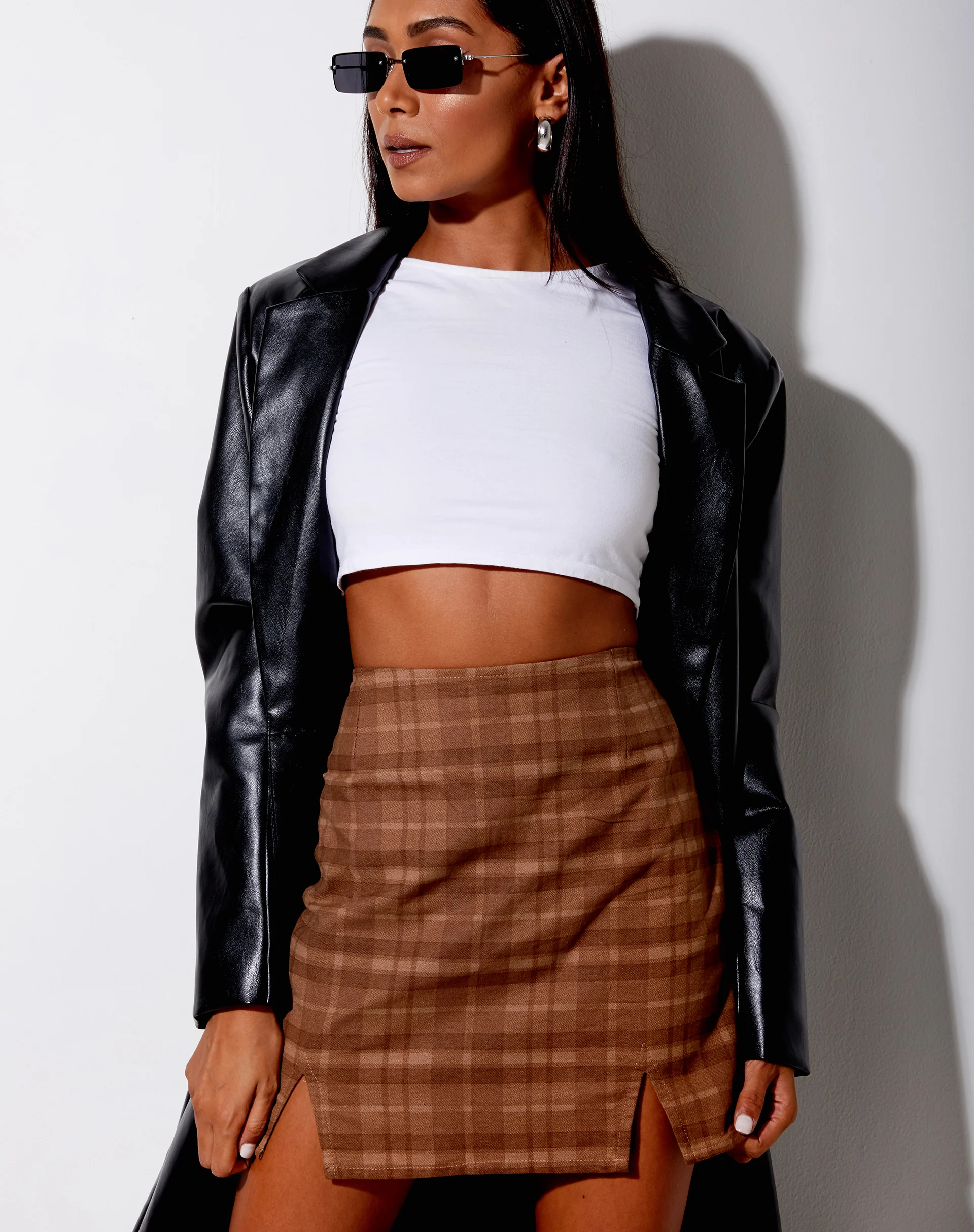 Zila Mini Skirt in Brown Check - Awmao