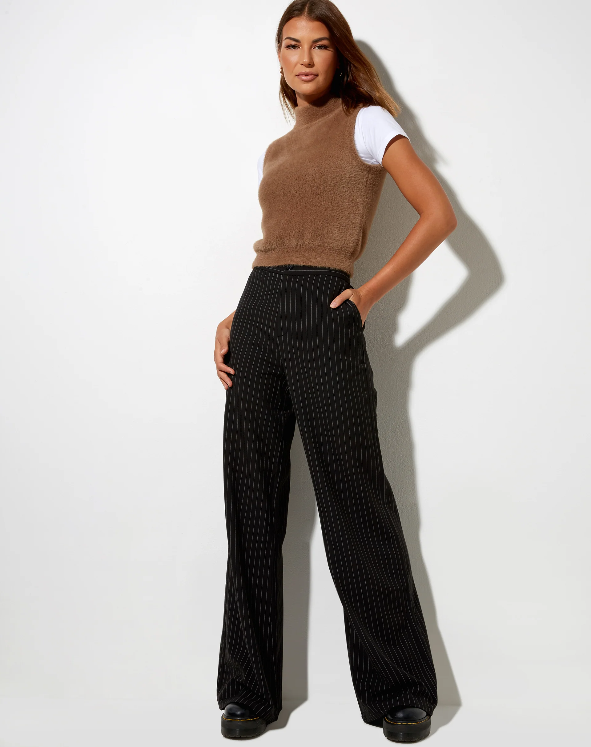 Ivo Flare Trouser in Pinstripe Black - Awmao