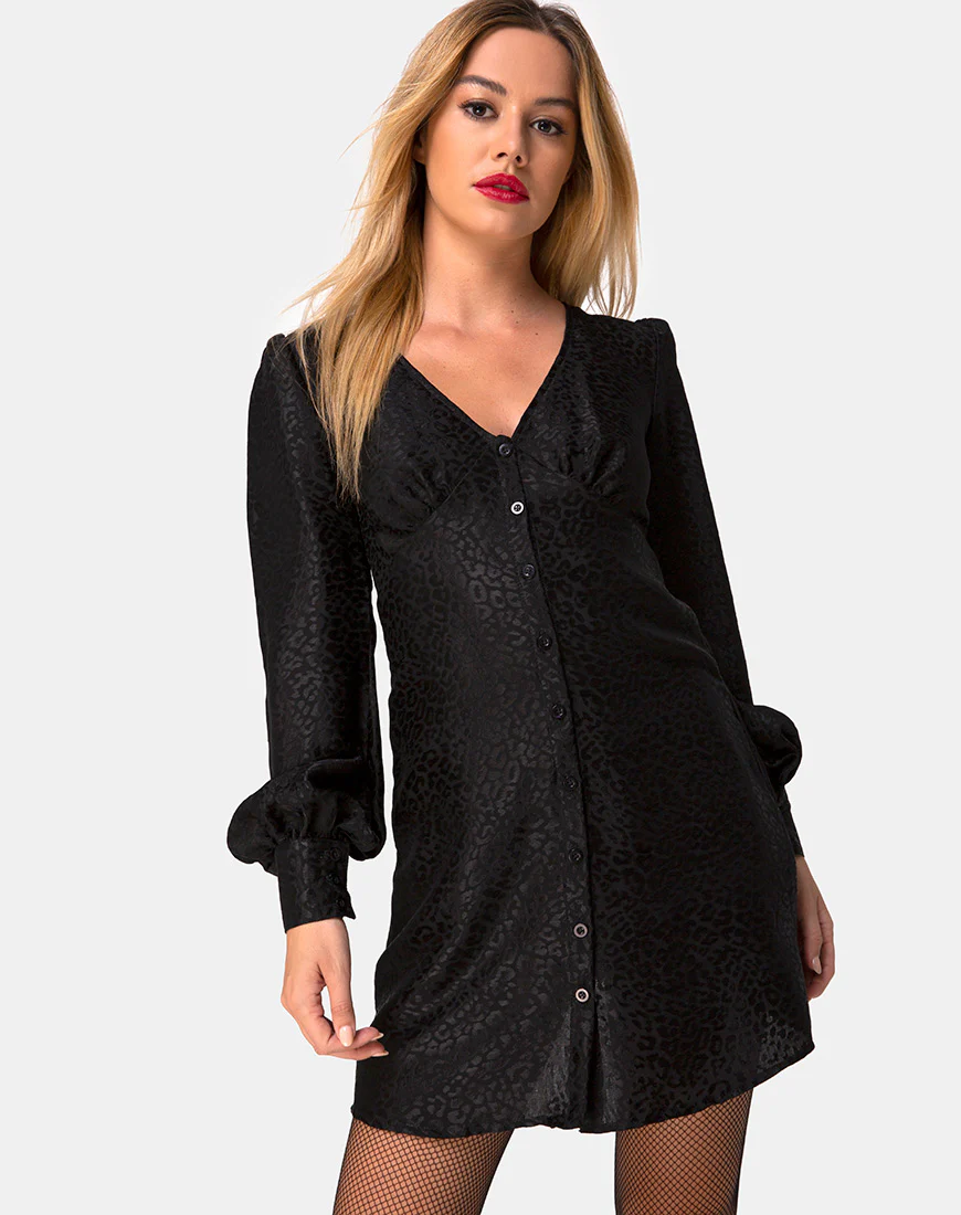 Flara Dress in Satin Cheetah Black - Awmao