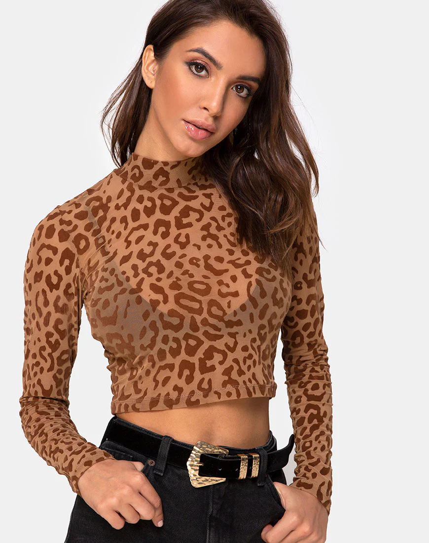 Lara Crop Top in Animal Flock Tan Brown - Awmao