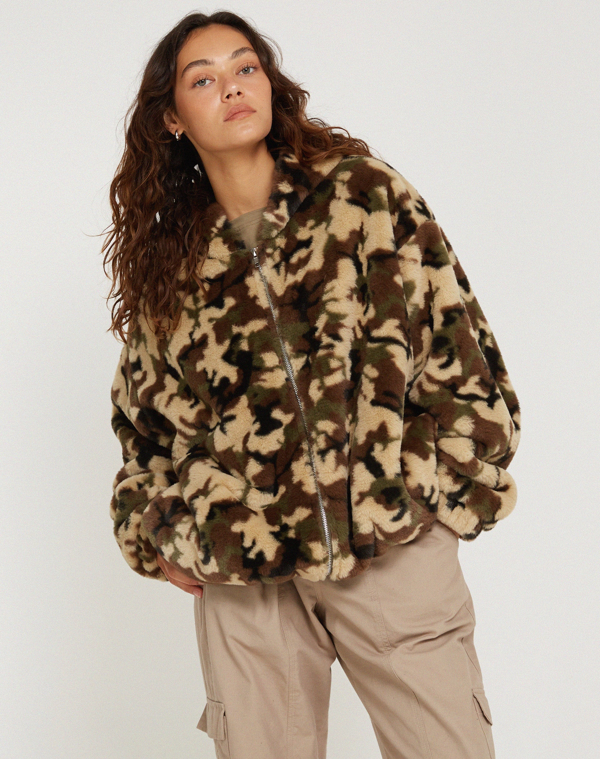 Emerson Faux Fur Jacket in Camo Brown Pebble - Awmao