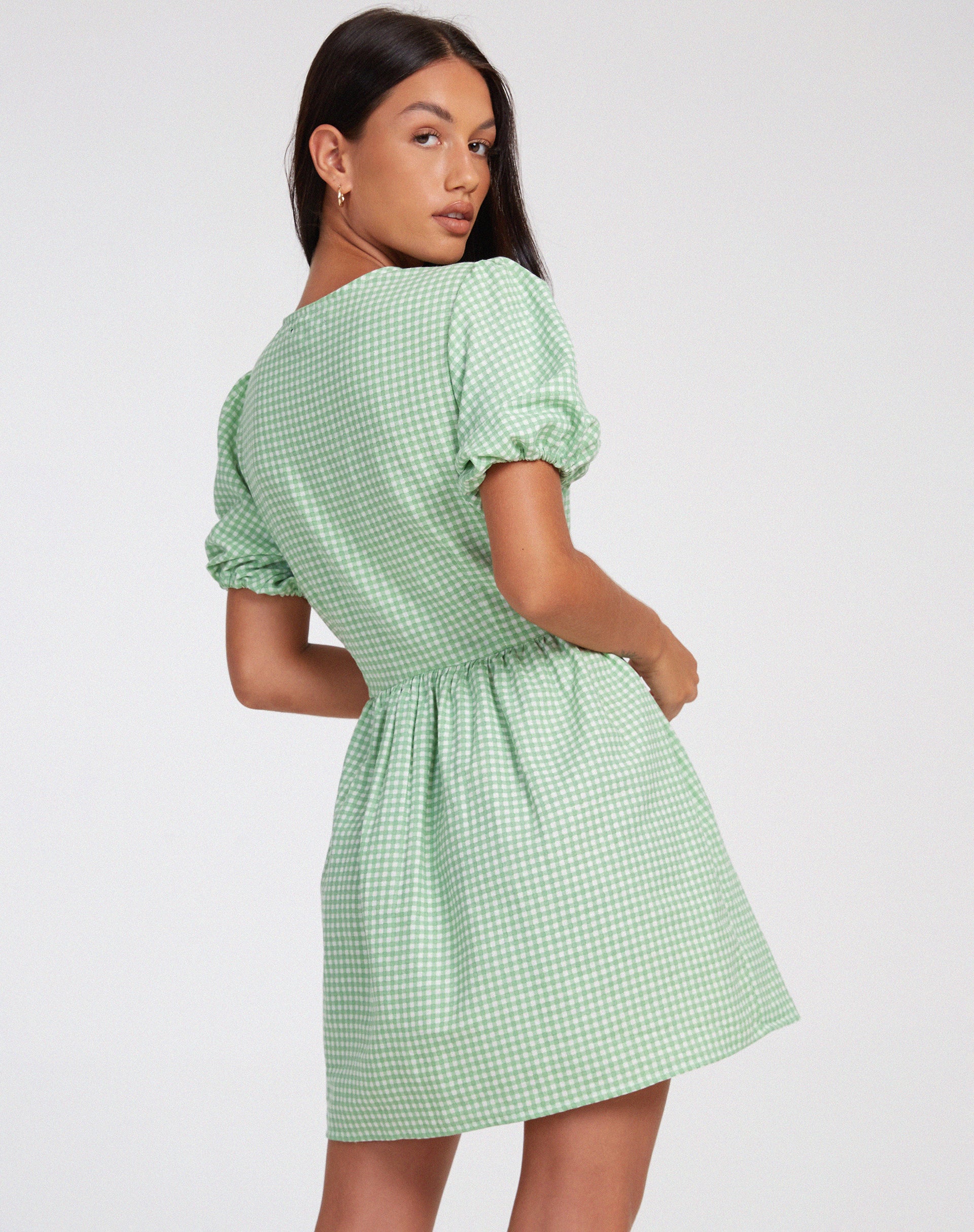 Sashio Mini Dress in Mini Gingham Green - Awmao