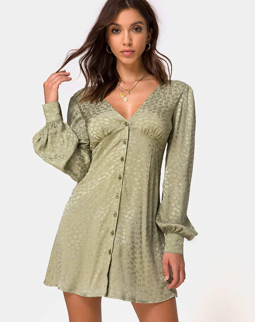 Flara Longsleeve Dress in Satin Ditsy Rose Sage - Awmao