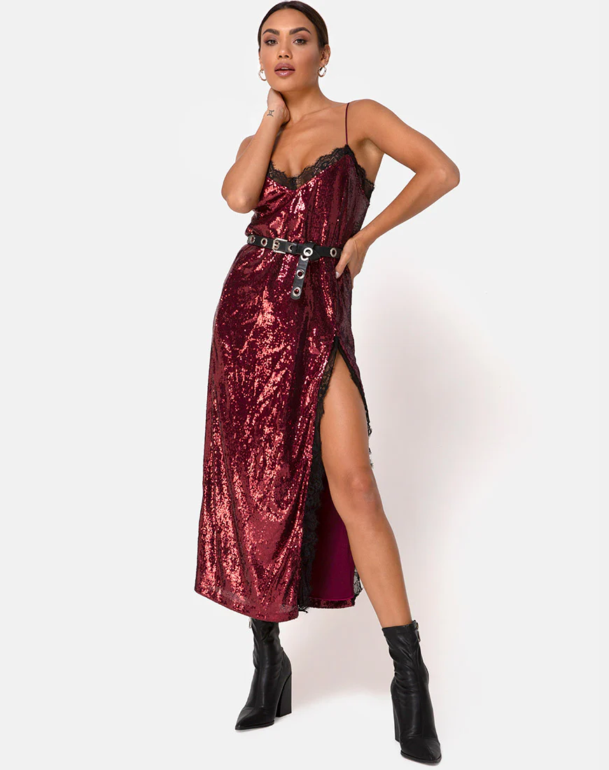 Fitilia Dress in Burgundy Mini Sequin with Black Lace - Awmao