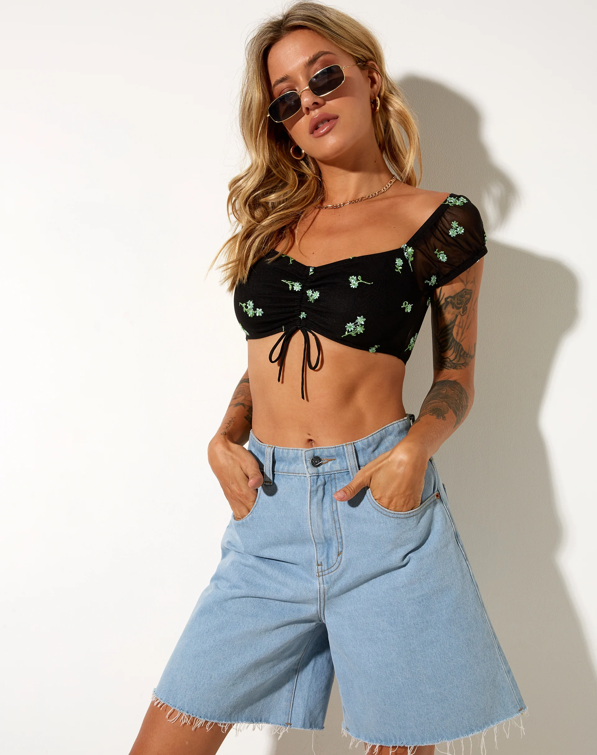 Zule Crop Top in Black Daisy Lime Embro - Awmao