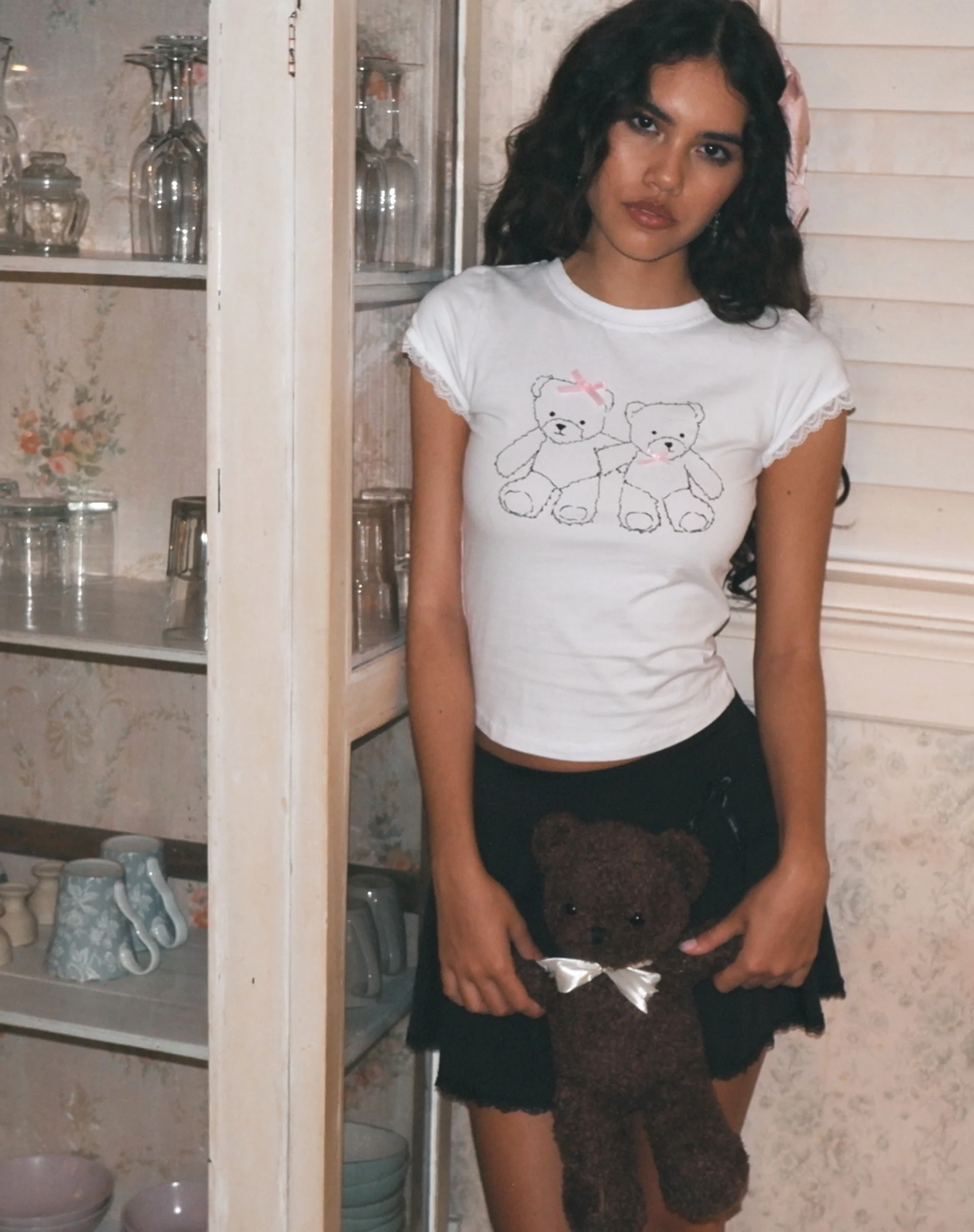 Izzy Lace Trim Baby Tee in White Teddy Motif - Awmao