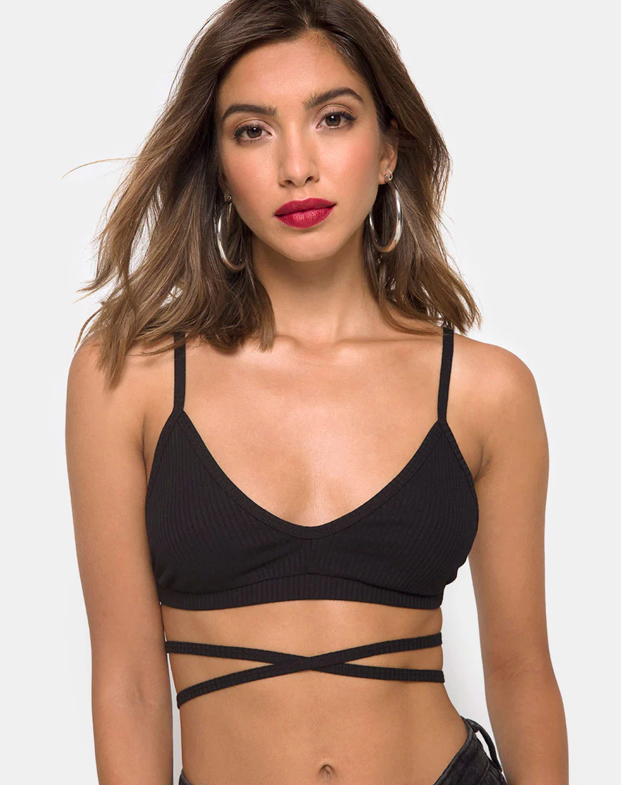 Wrap Around Bralet in Rib Black - Awmao