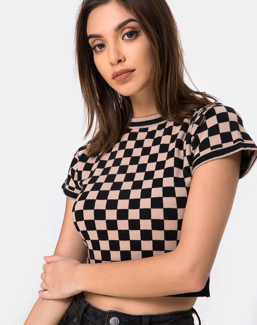 Nelle Crop Top in Checkerboard Tan - Awmao