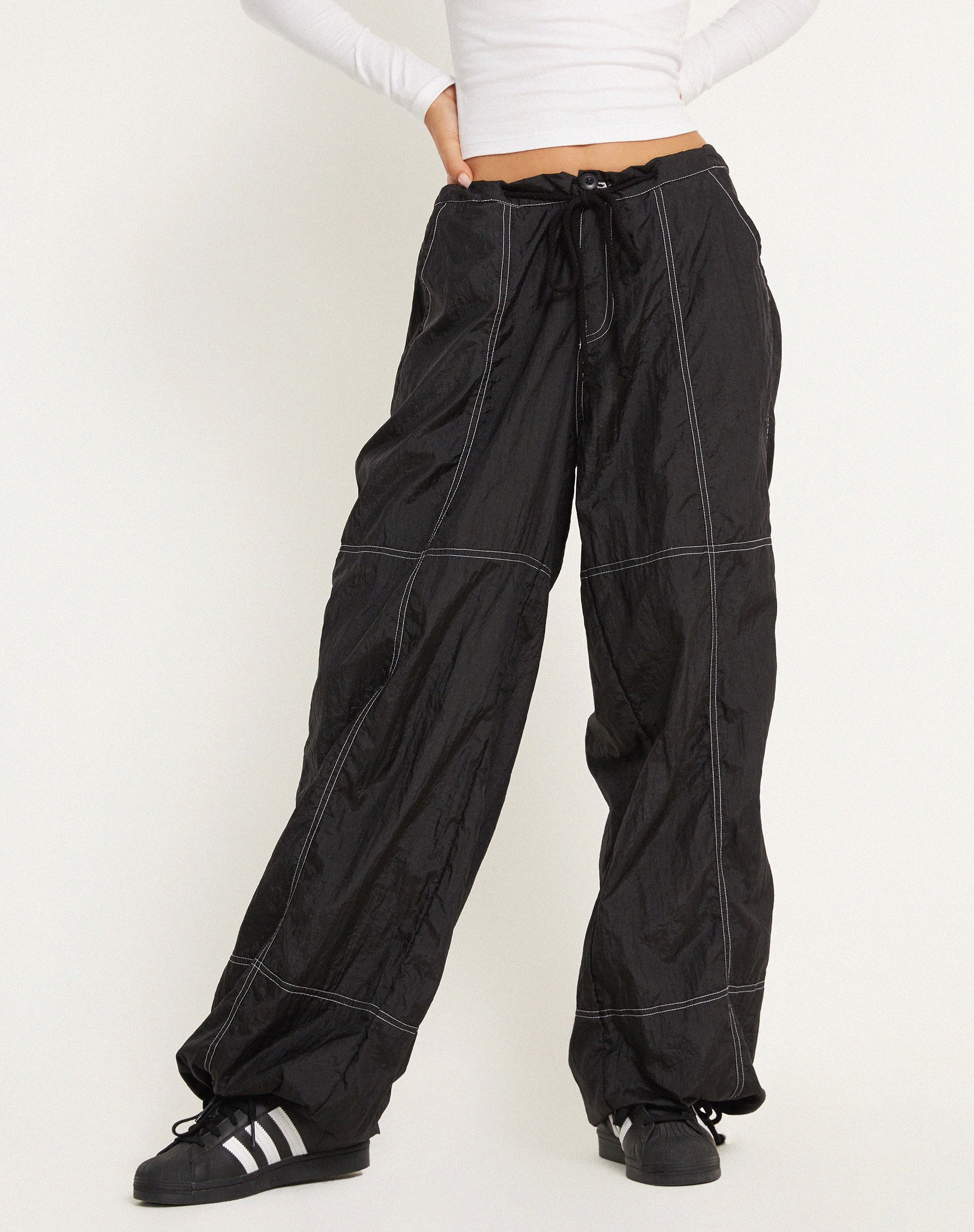 Phil Low Waist Trouser in Black with White Top Stitch - Awmao
