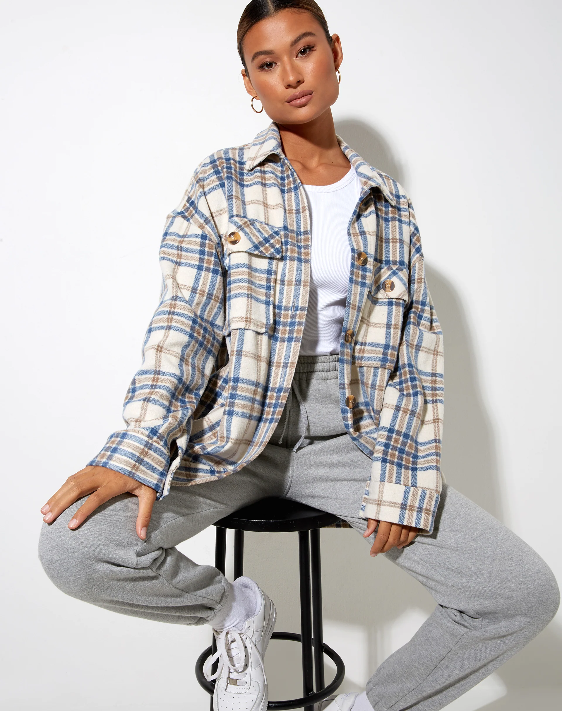 Marcel Shirt in Big Check White Blue Tan - Awmao