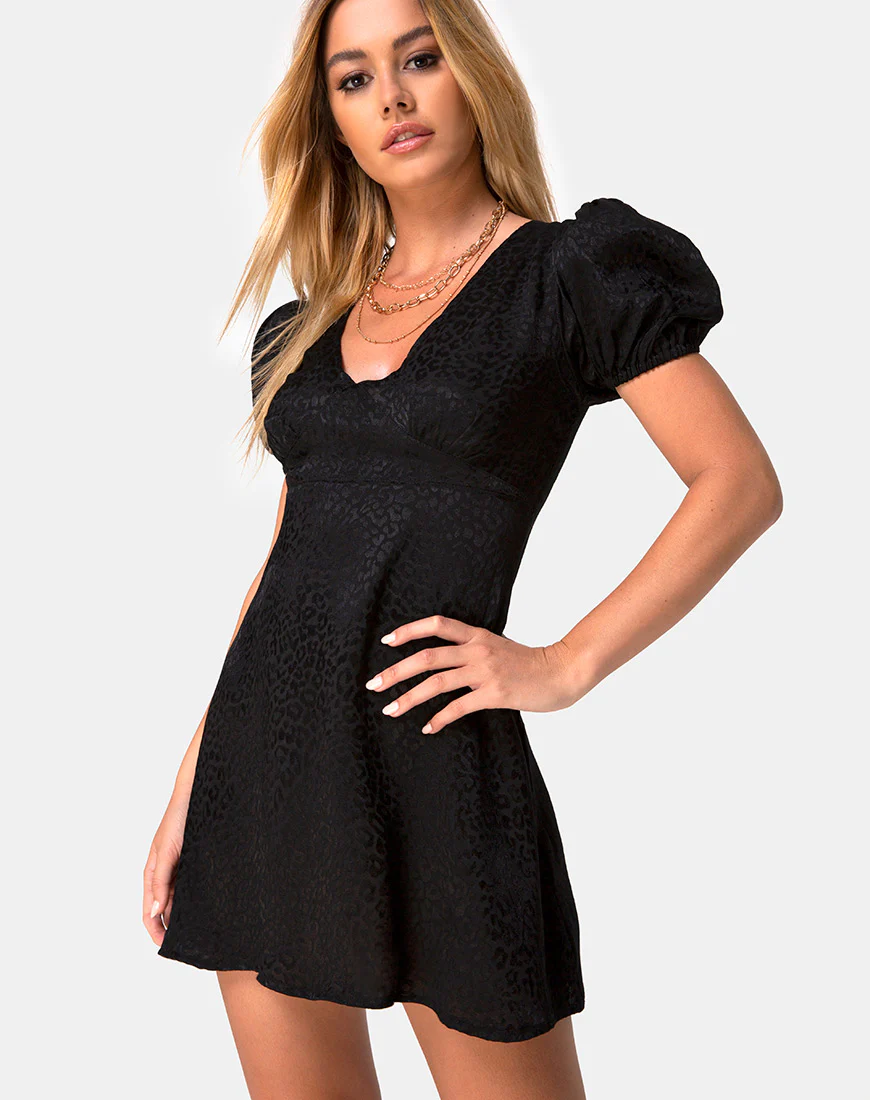 Elfy Mini Dress in Satin Cheetah Black - Awmao