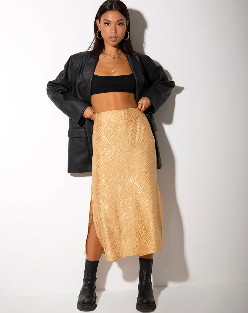 Tindra Midi Skirt in Satin Zebra Caramel - Awmao