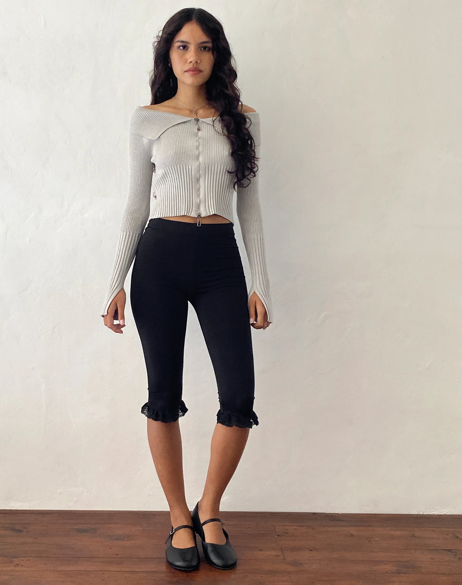 Radia Long Sleeve Off-Shoulder Zip Thru Jumper in Light Grey - Awmao