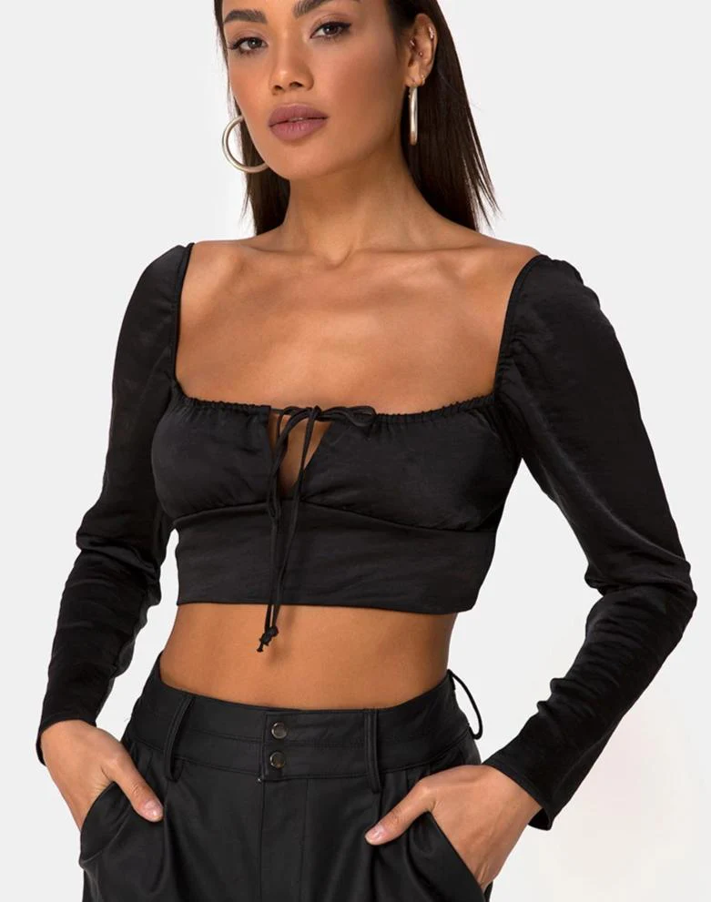 Laman Crop Top in Satin Black - Awmao