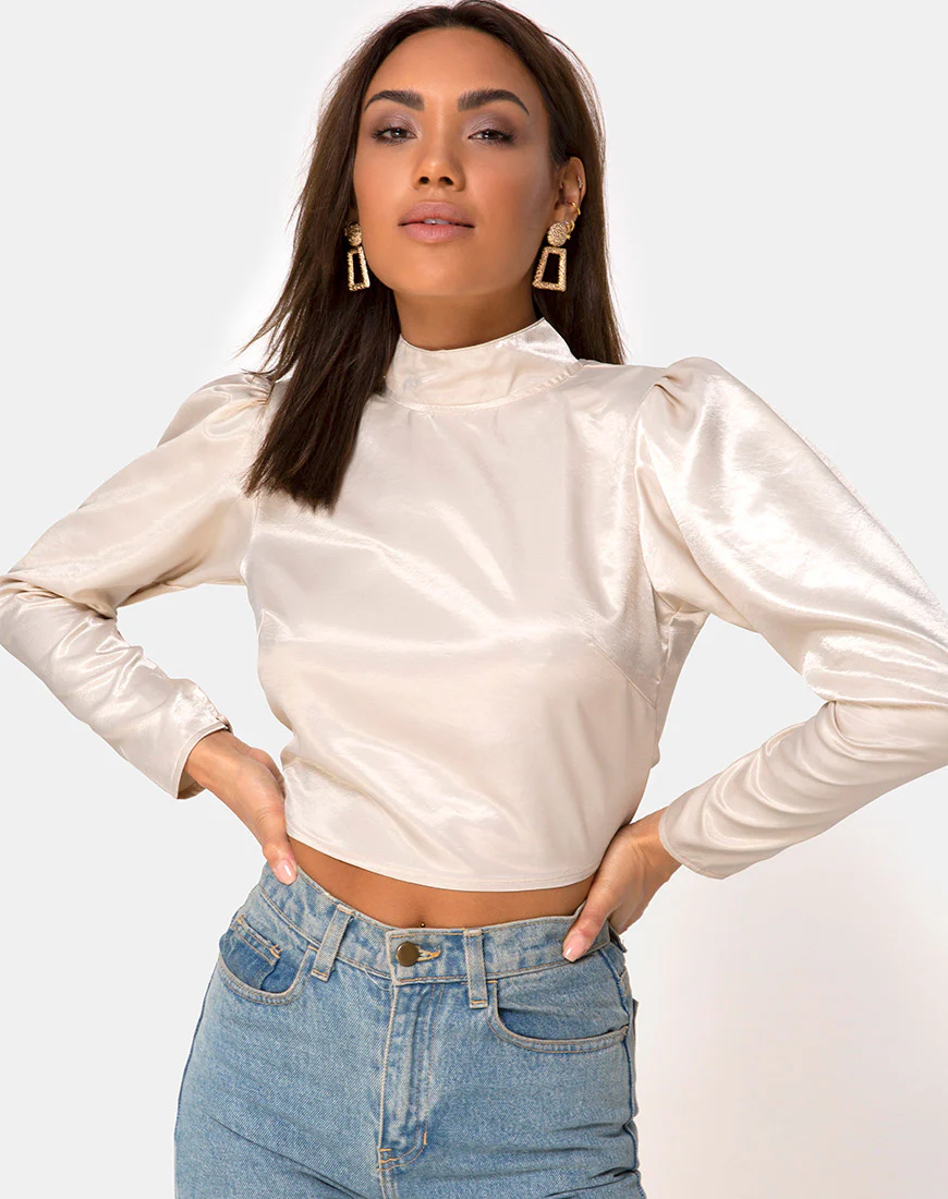 Lona Longsleeve Top in Satin Cream - Awmao