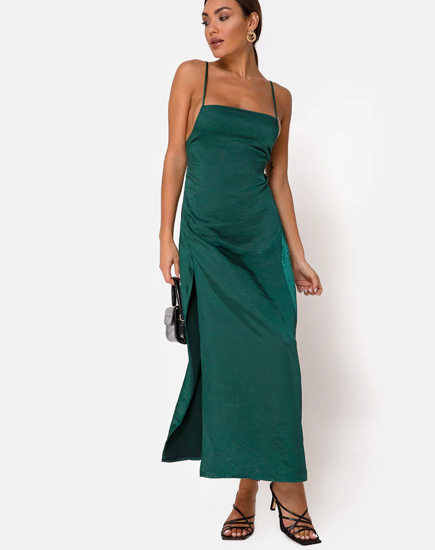 Bonita Maxi Dress in Satin Forest Green - Awmao