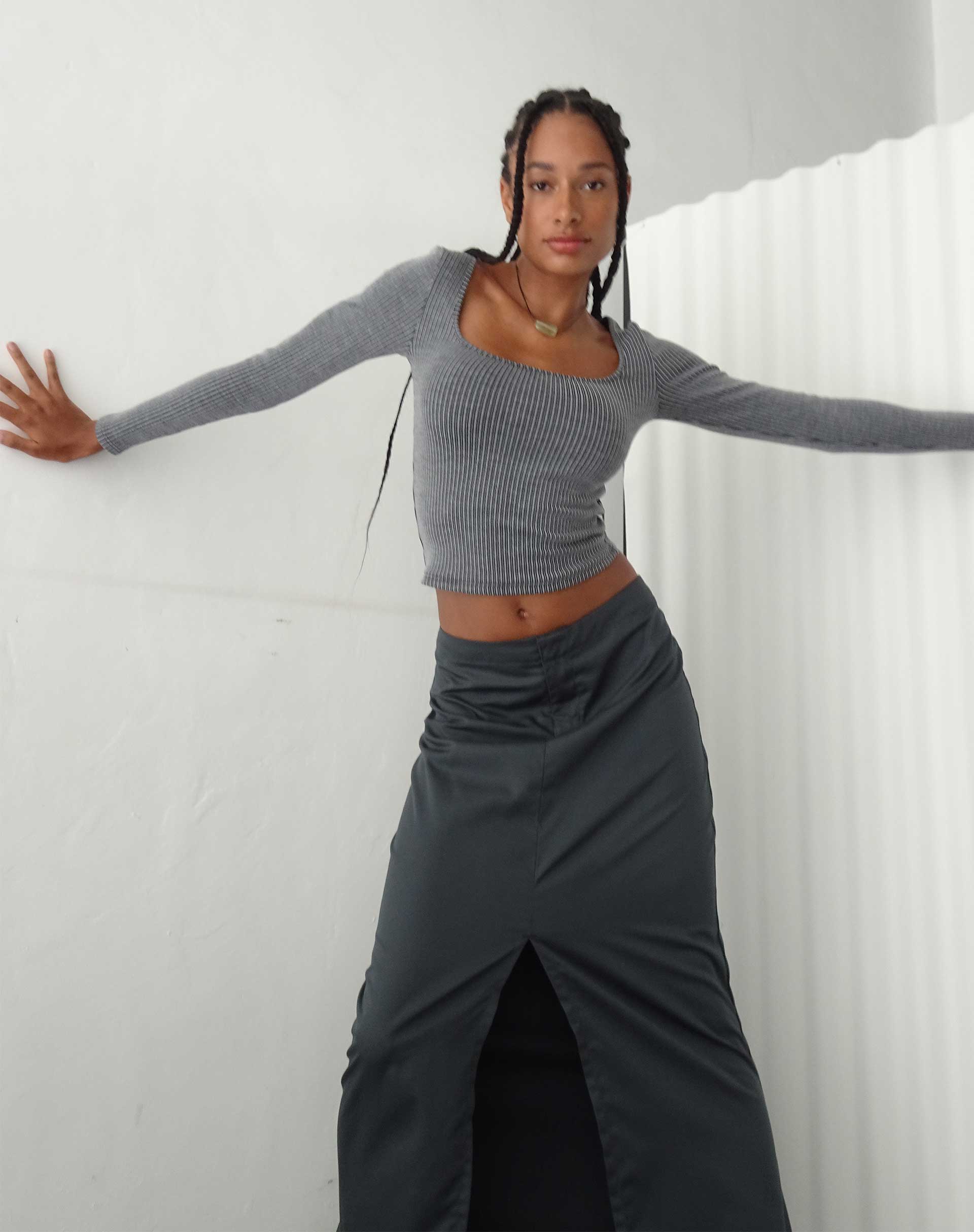 Bonlo Long Sleeve Top in Two Tone Rib Grey - Awmao