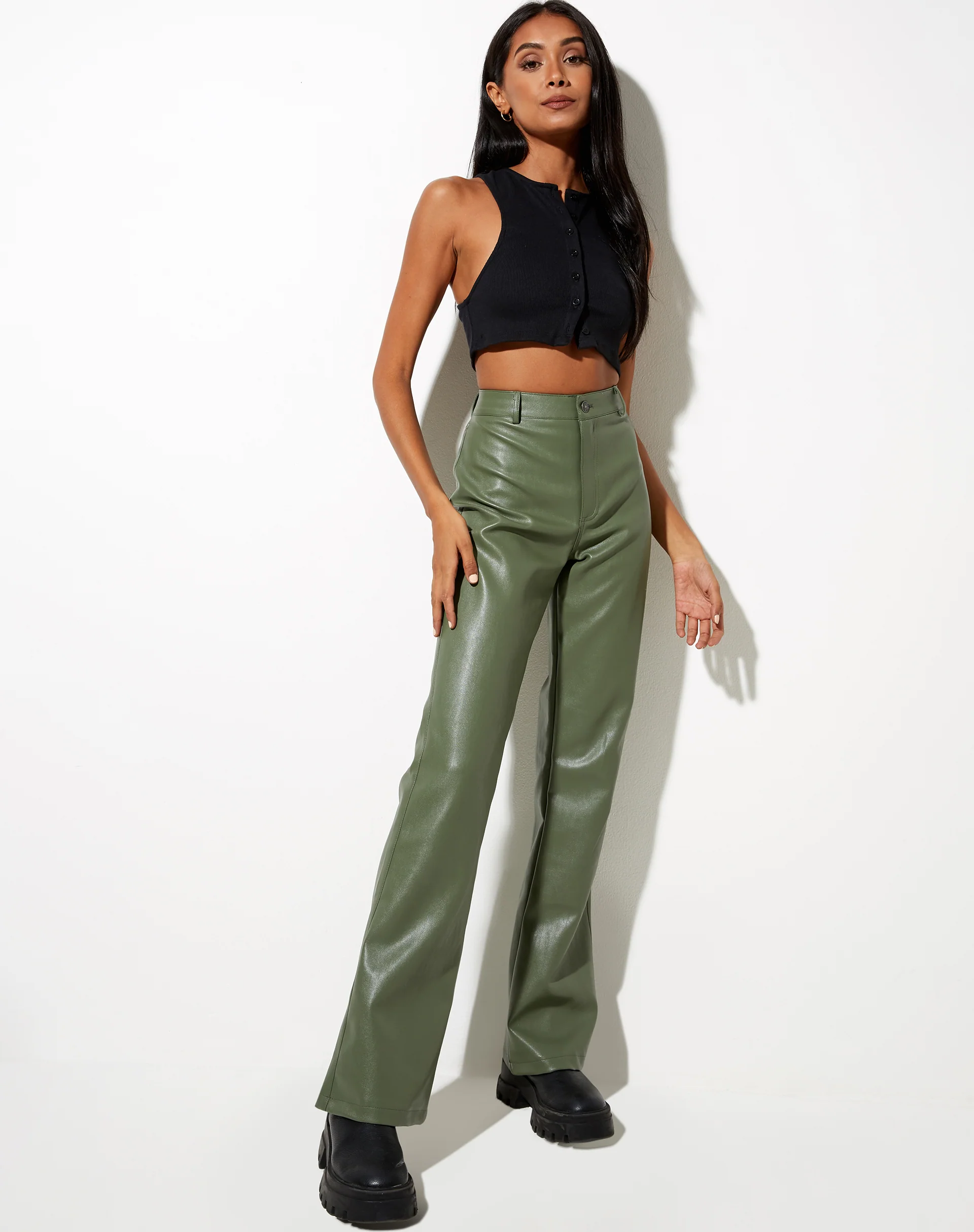 Zoven Flare Trouser in Pu Green - Awmao