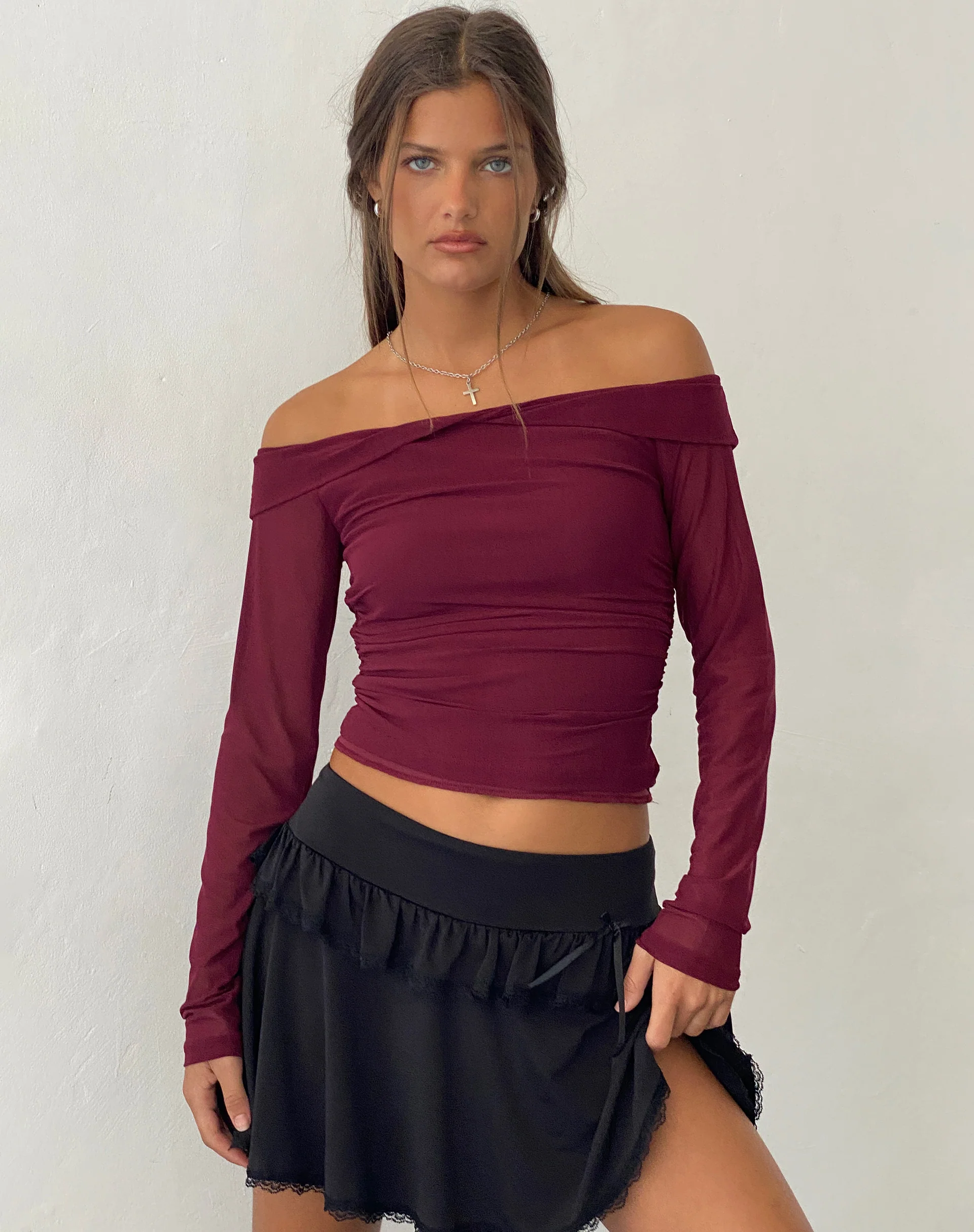 Nauri Mesh Bardot Top in Maroon - Awmao